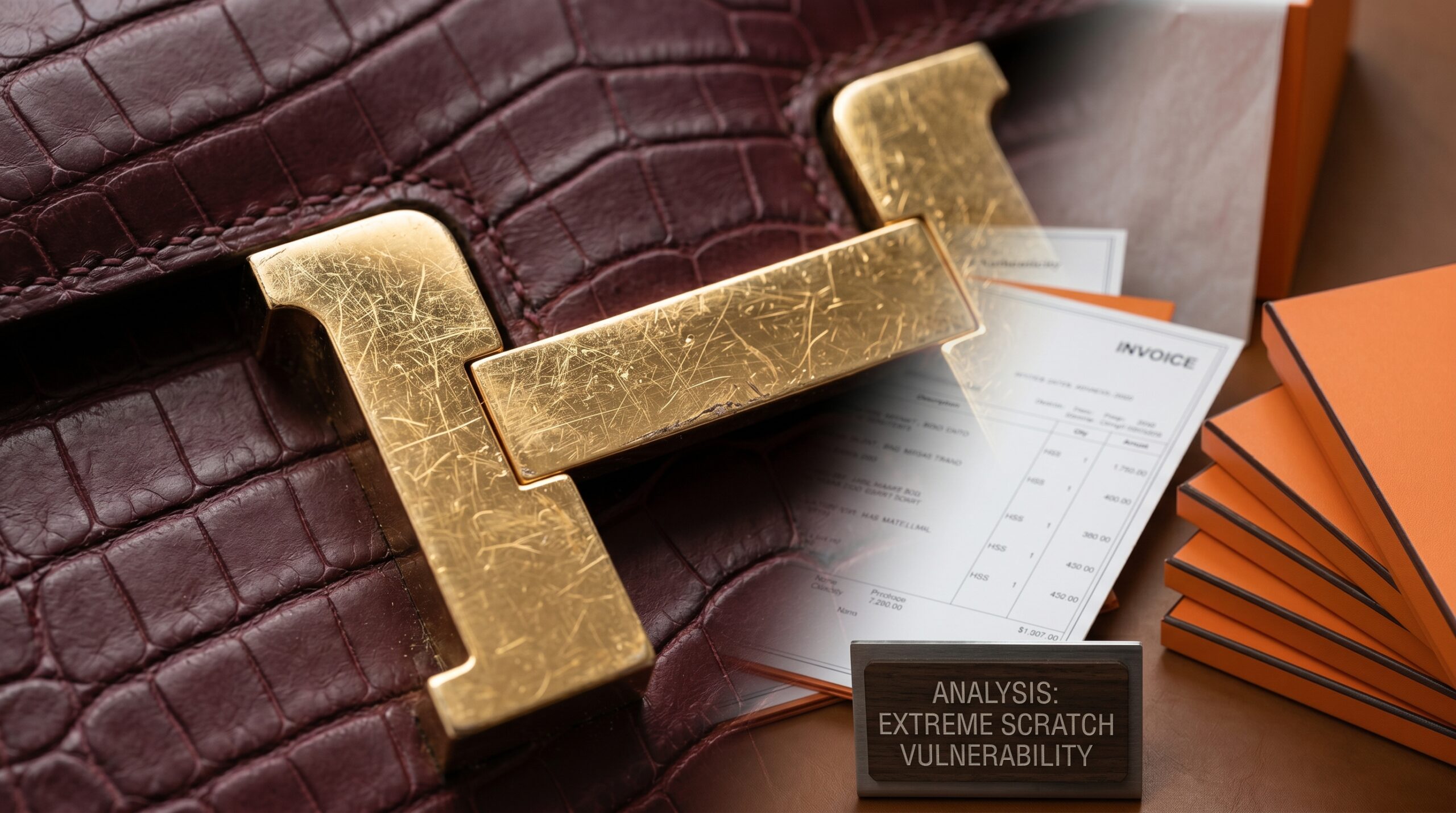 Close-up of the Hermès Constance H buckle, showing extreme vulnerability to scratching