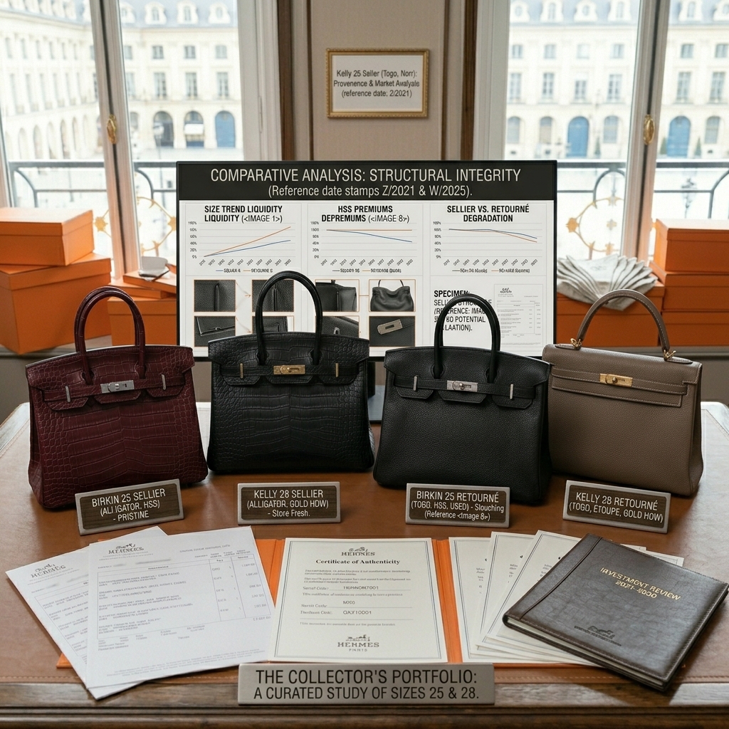 A well-curated portfolio of Hermès quota bags focusing on sizes 25 and 28