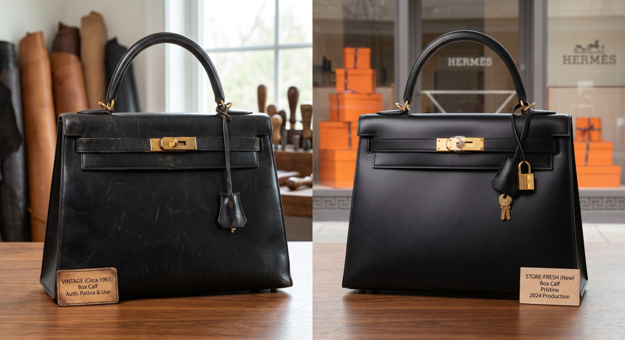 A side-by-side comparison of a vintage Hermès Box Kelly and a new store-fresh Box Kelly