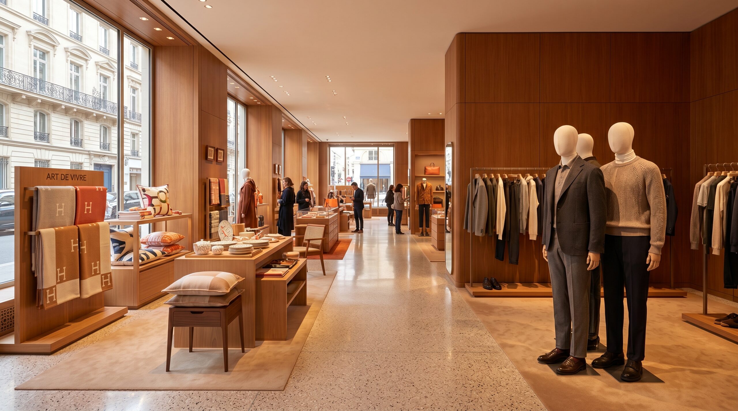 A Hermès boutique interior showing ready-to-wear and homeware
