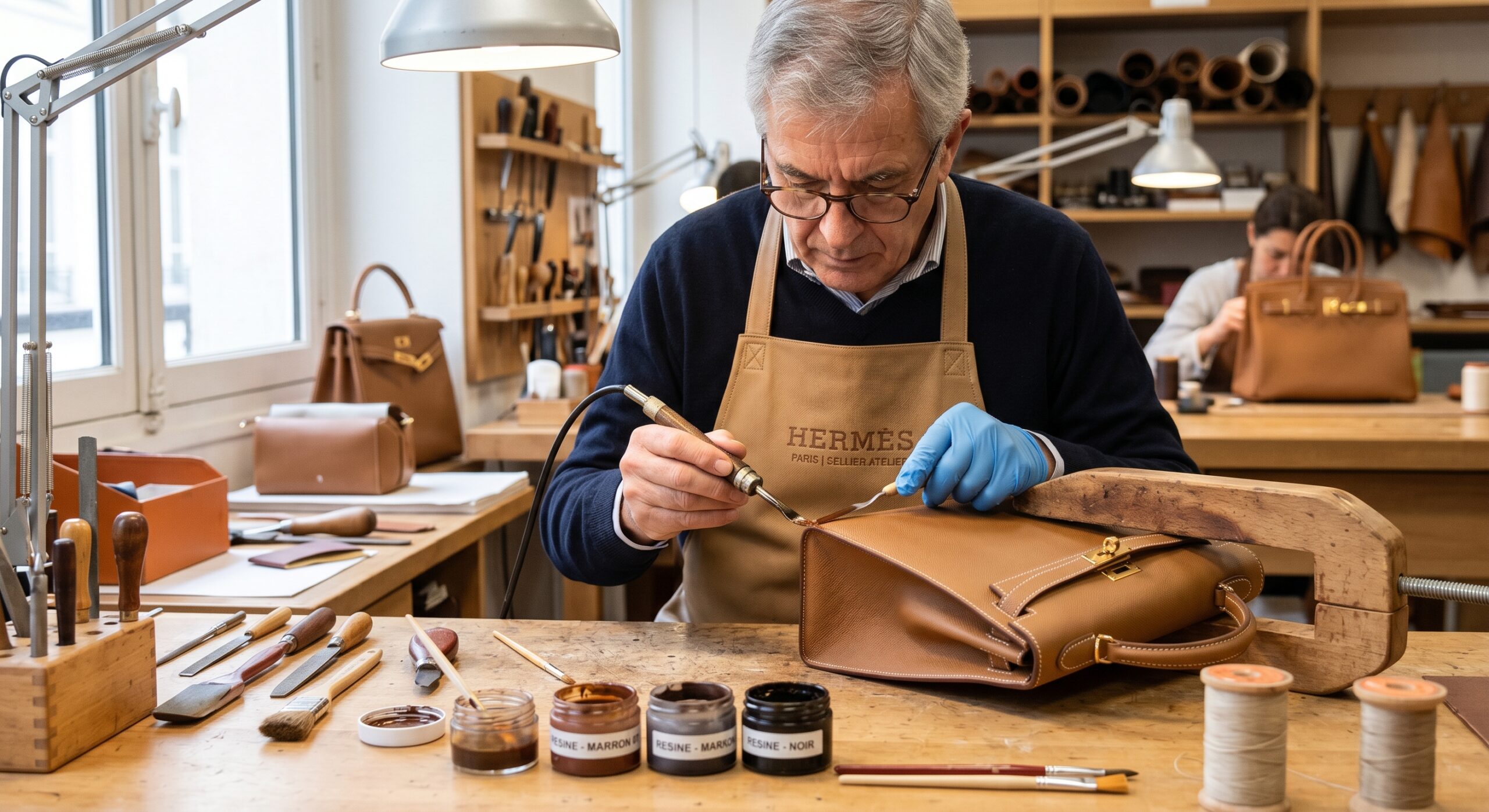 A Hermès artisan meticulously restoring the resin edges of a Kelly bag