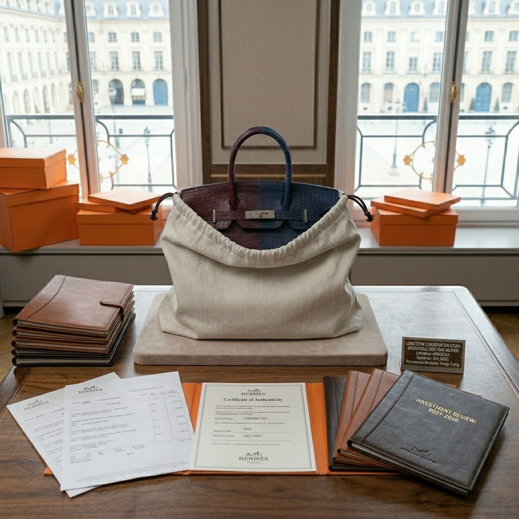 A Hermès Birkin bag stored correctly in a breathable herringbone dust bag