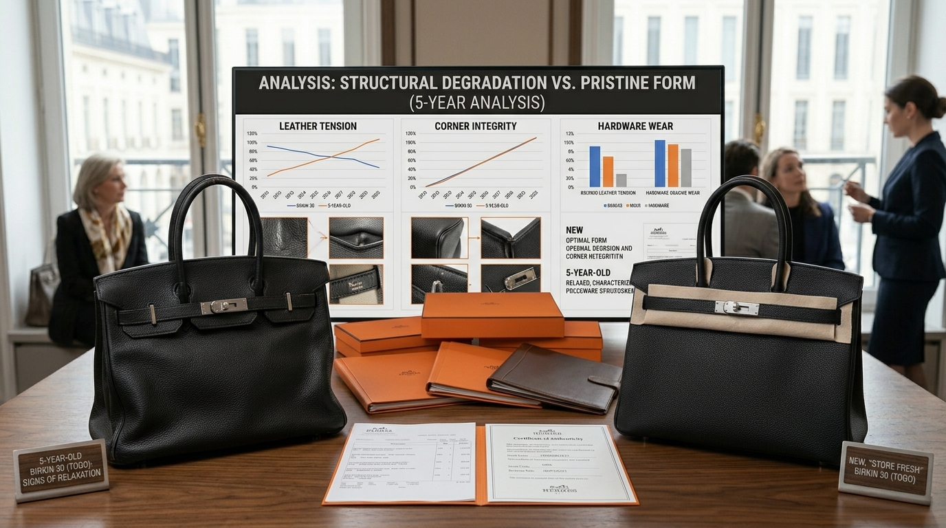 A five-year-old Birkin 30 showing signs of structural slouching versus a new Birkin