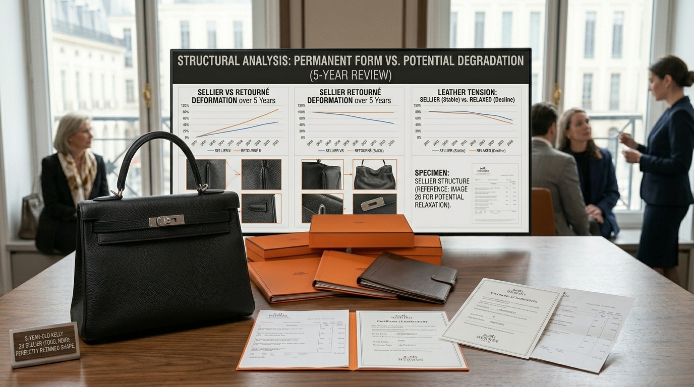 A perfectly structured Hermès Kelly 28 Sellier retaining its shape after 5 years