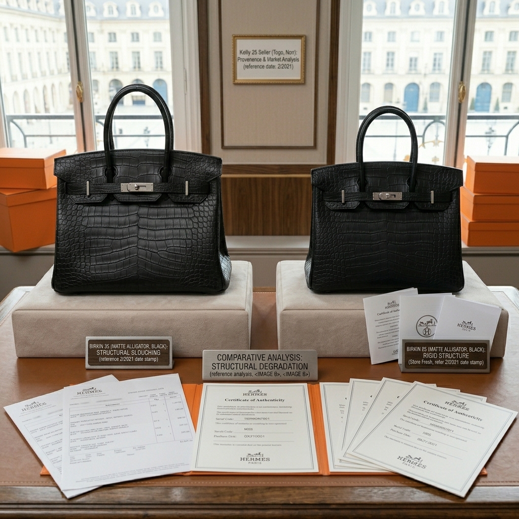 Detail comparison showing structural slouching on a Birkin 35 versus a rigid Birkin 25