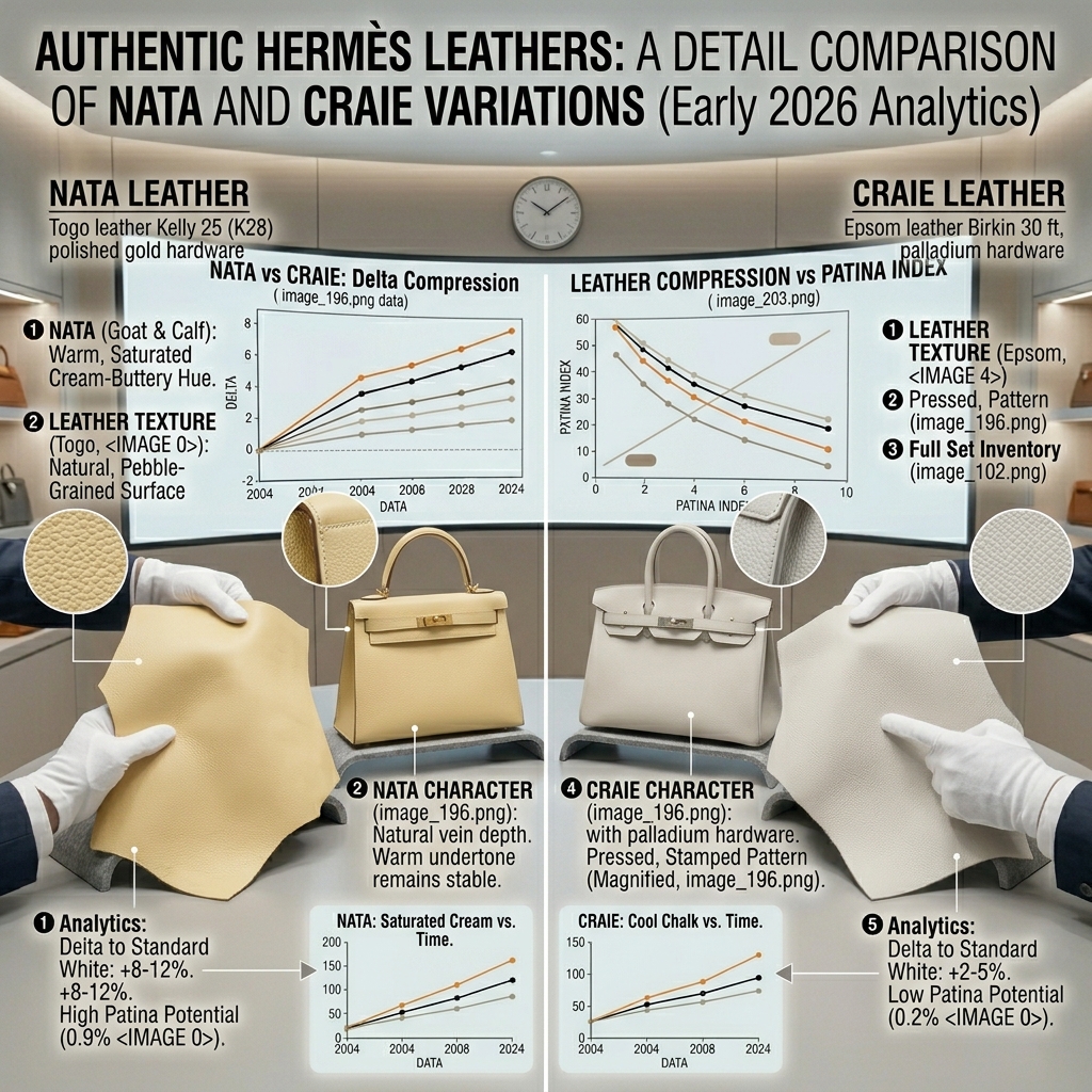 Detail shot of Hermès Nata and Craie leather variations