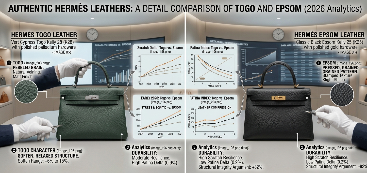 Detailed comparison of Hermès Togo and Epsom leathers