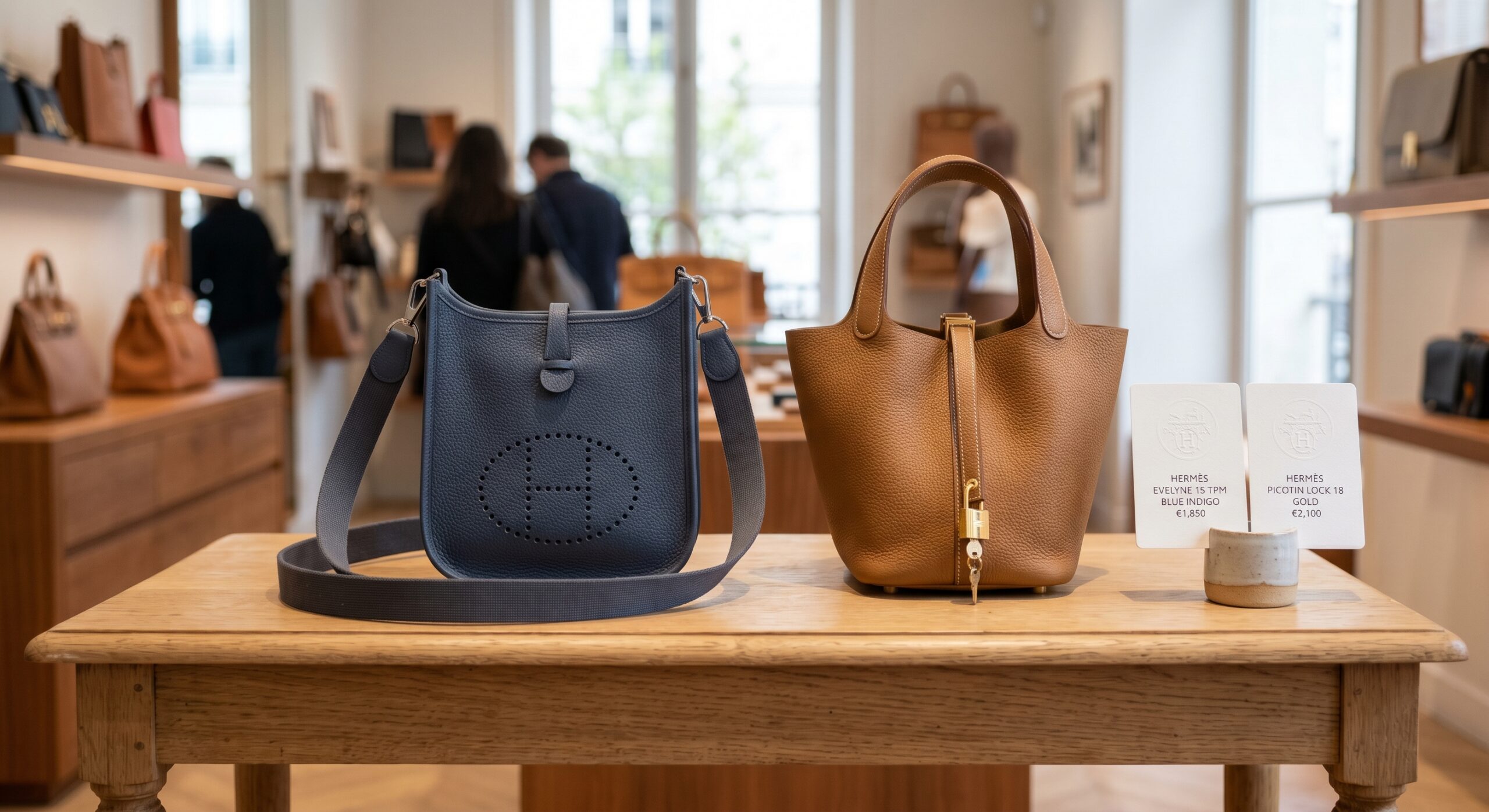 A Hermès Evelyne TPM and a Picotin Lock 18 displayed together for market comparison