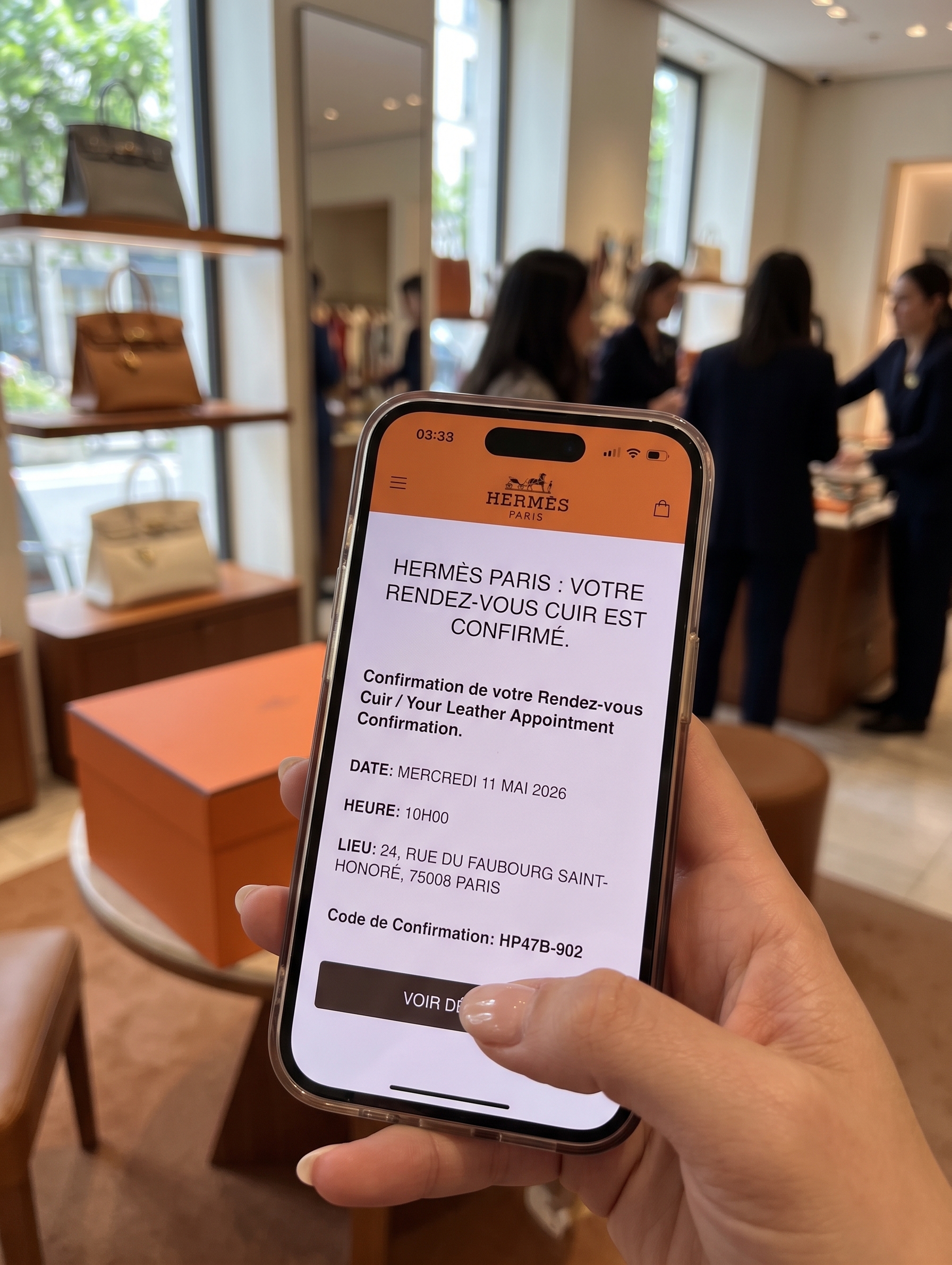 A confirmed Hermès Paris leather appointment displayed on a mobile phone