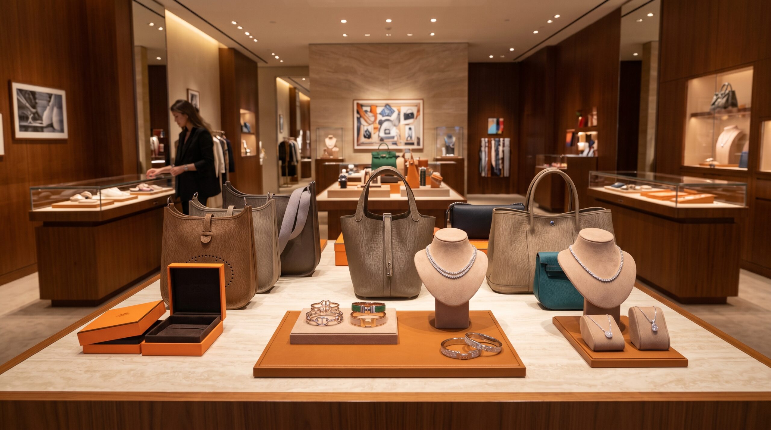 A collection of Hermès non-quota bags and fine jewelry in a boutique