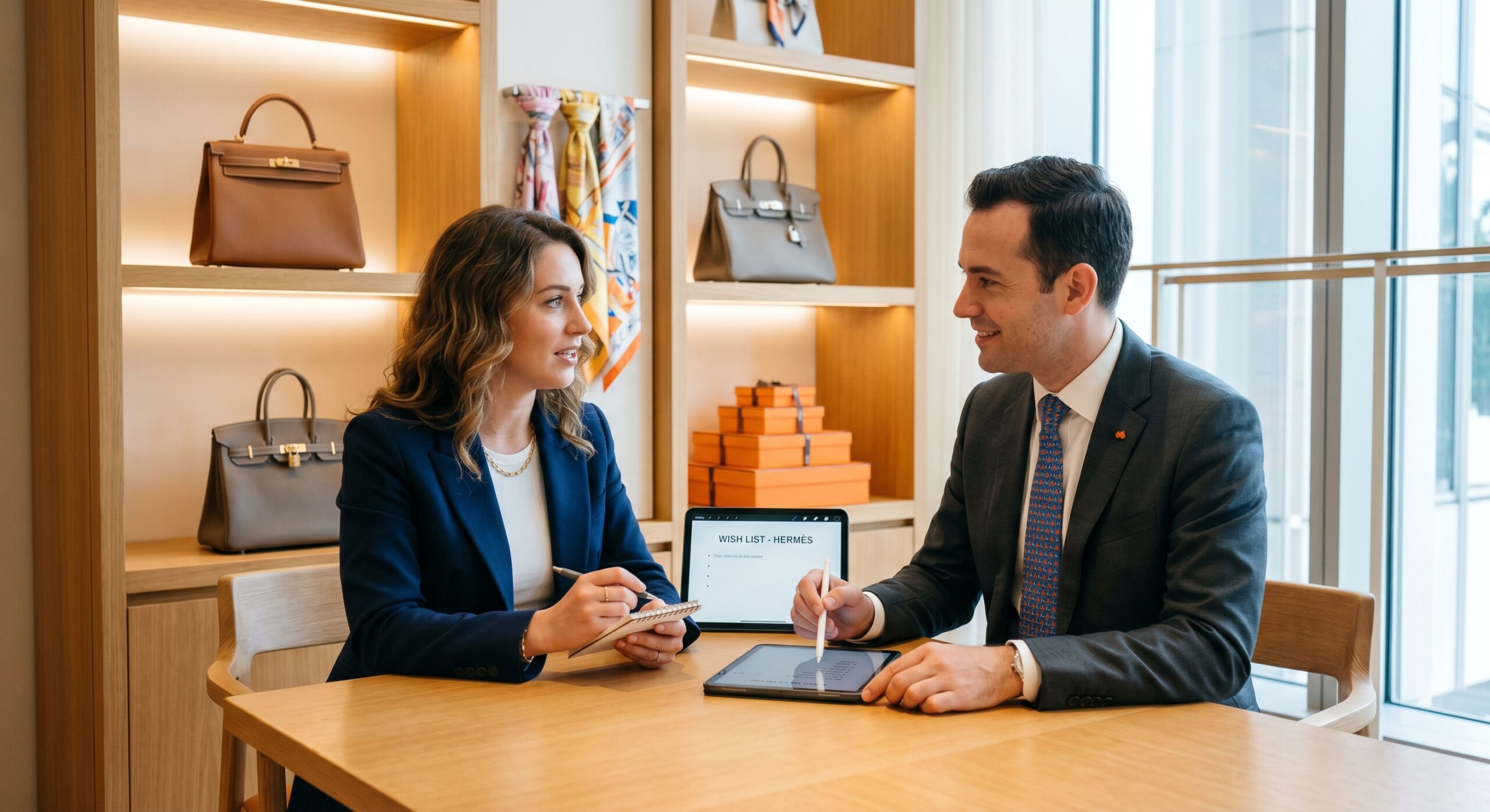 A client discussing their wish list with a Hermès Sales Associate