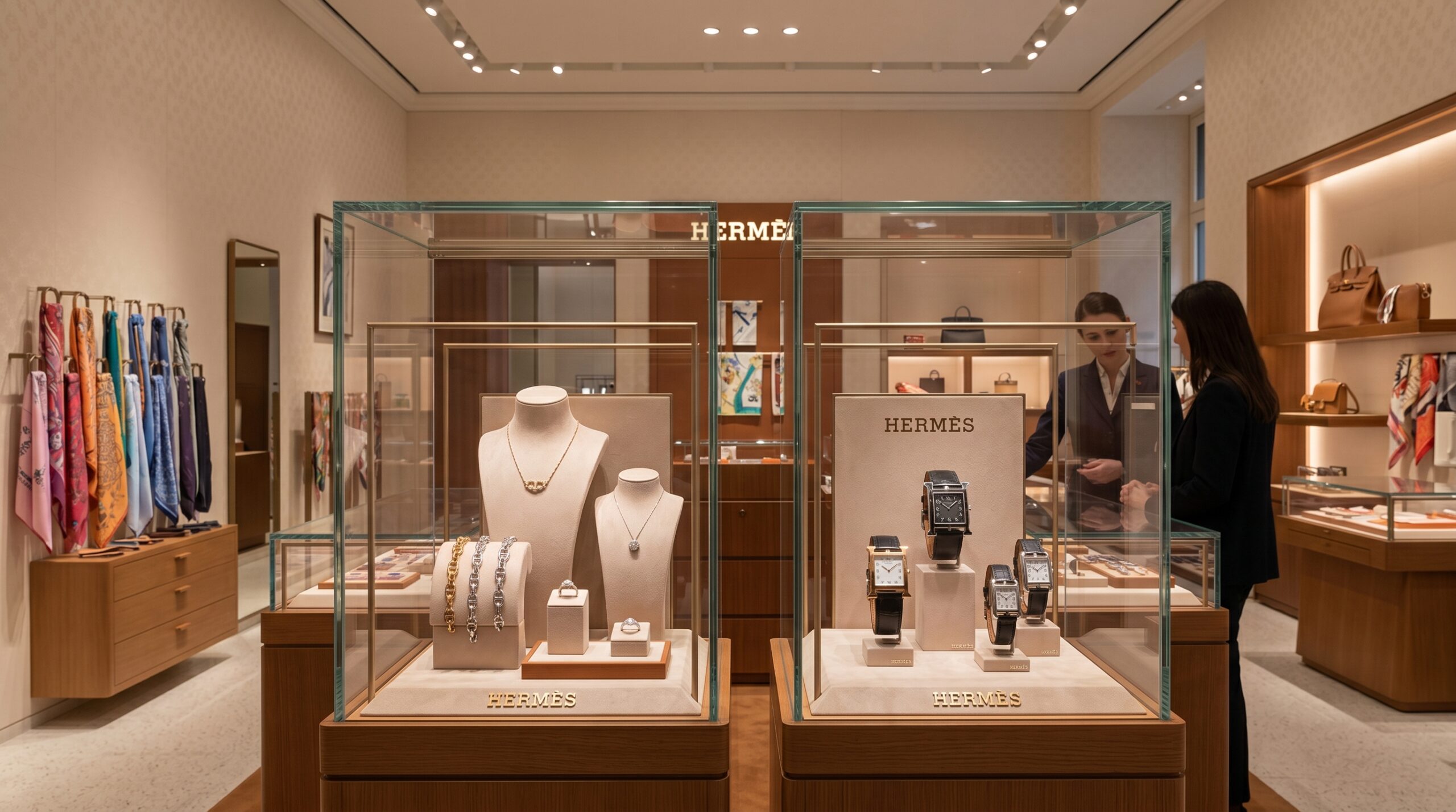 Hermès Fine Jewelry and Watches display inside a boutique