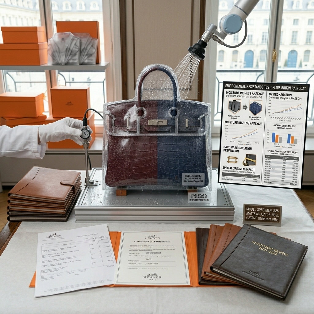 A Hermès Birkin equipped with its transparent plastic raincoat during a test
