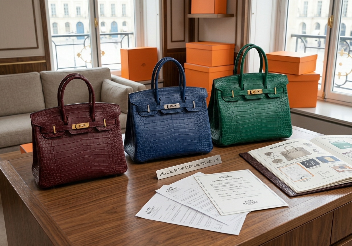Comparison of Hermès Birkin sizes 25, 30, and 35 in a boutique setting