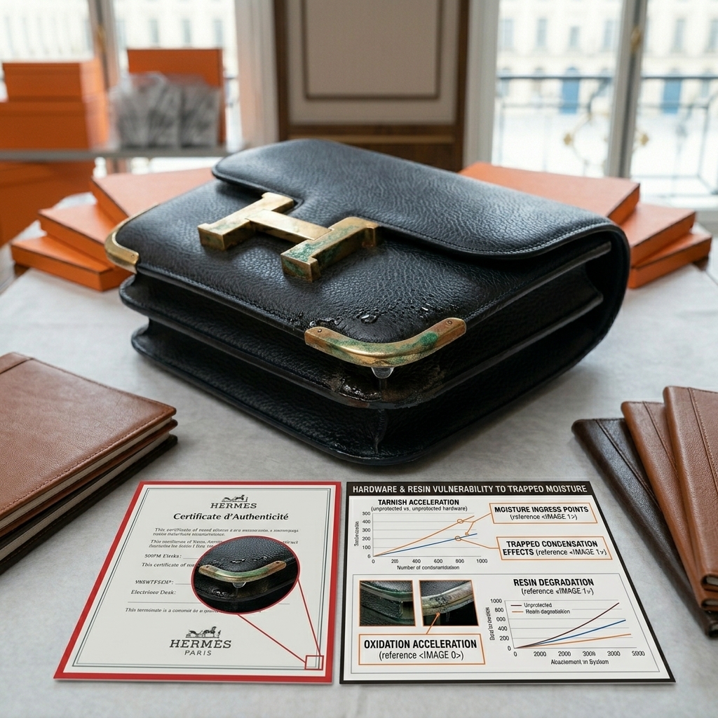 Detail showing Hermès hardware and resin edges vulnerable to trapped moisture