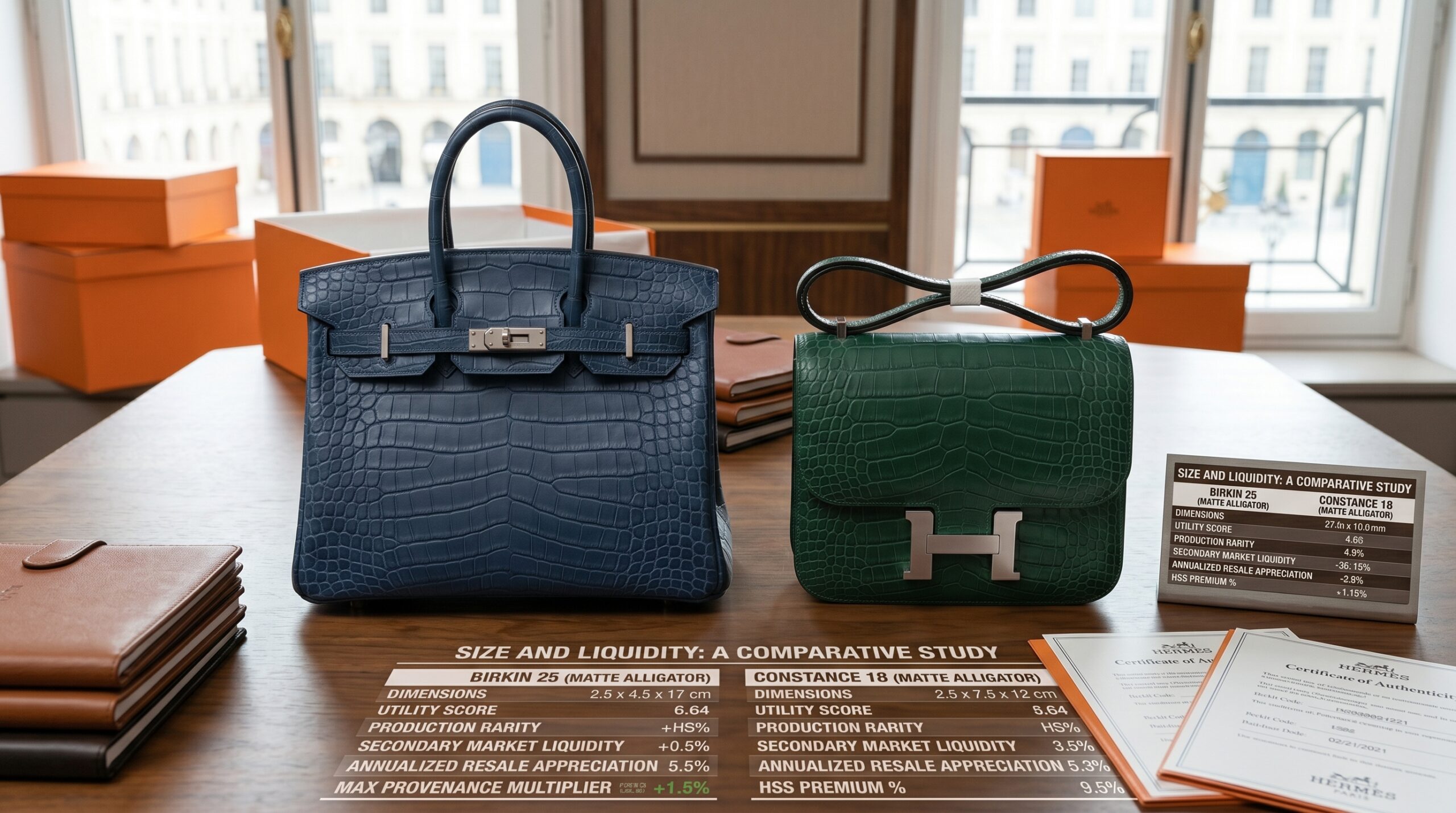A Hermès Birkin 25 and Constance 18, demonstrating the size difference driving liquidity