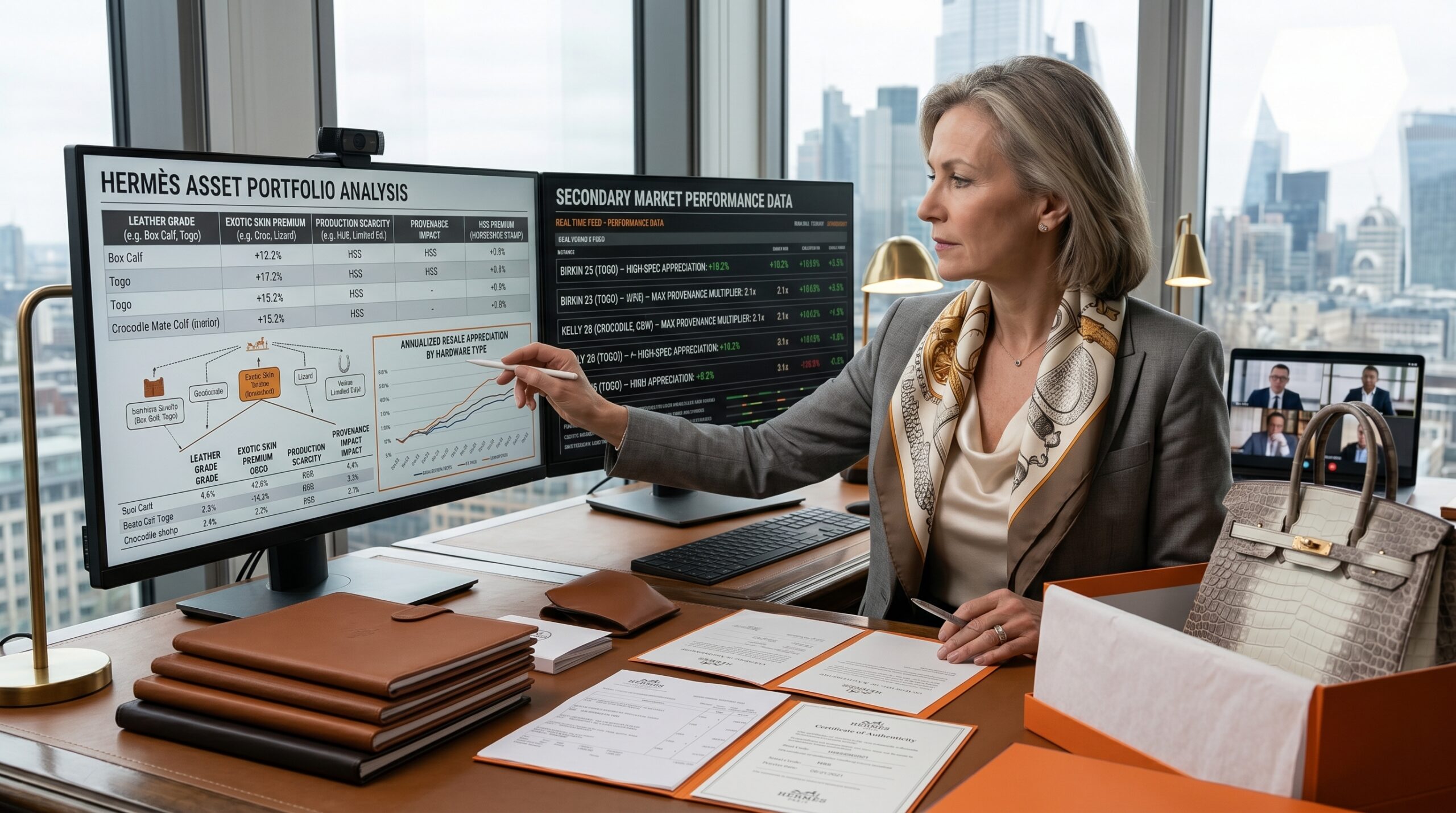 A luxury investor reviewing Hermès asset portfolios using specialized market terminology