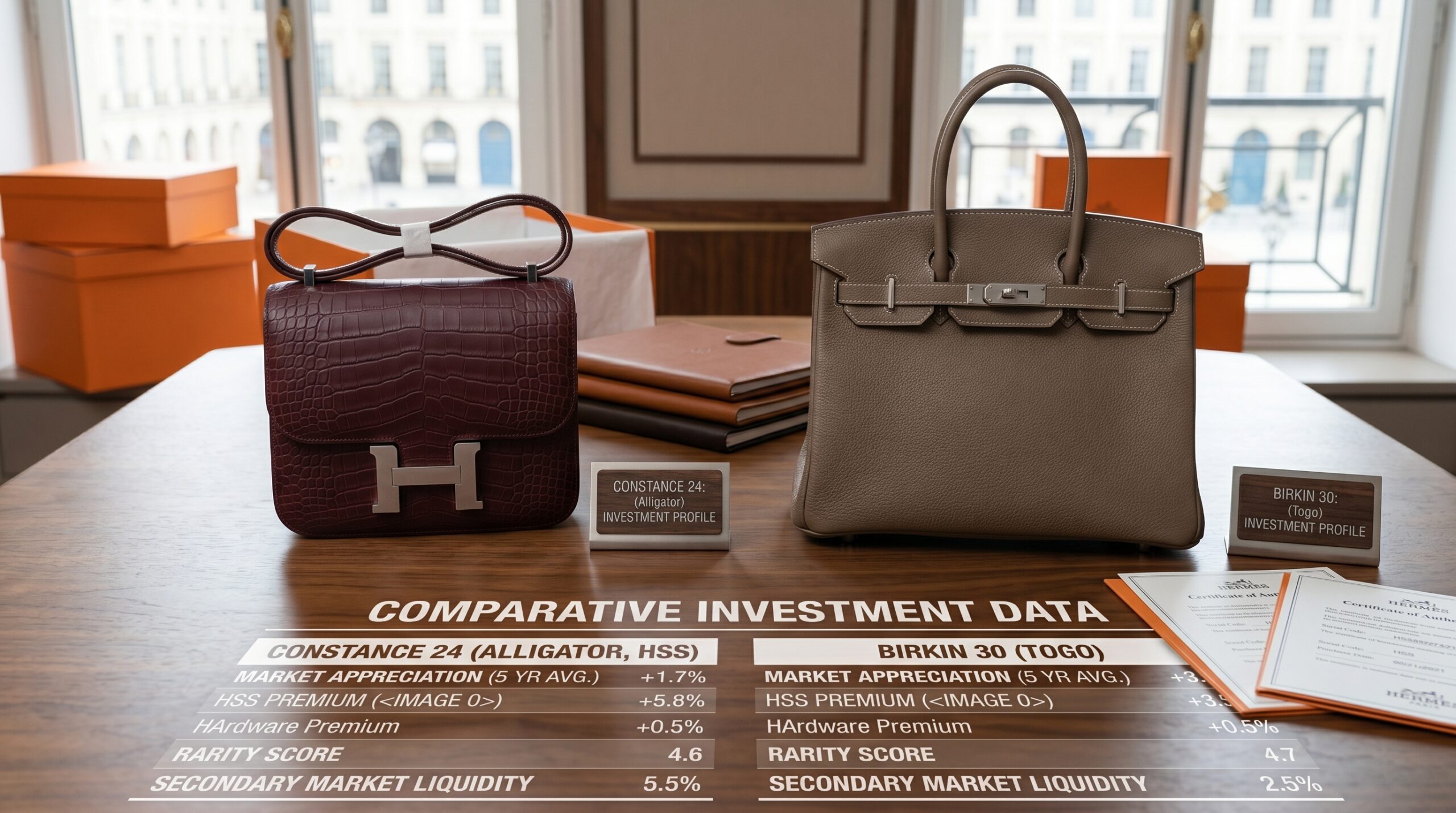 A Hermès Constance and a Birkin displayed together for an investment comparison
