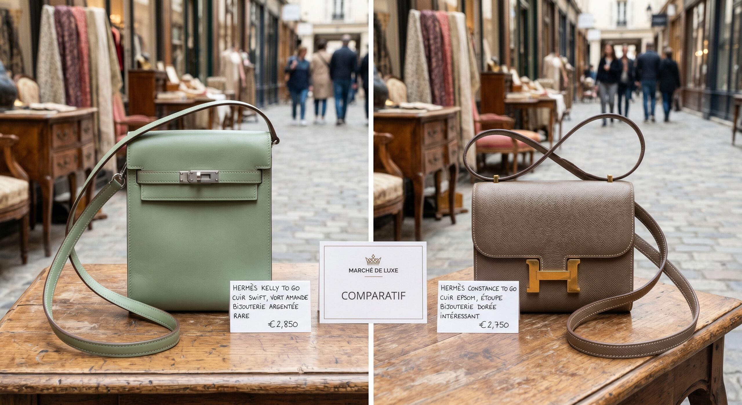 A Hermès Kelly to Go and a Constance to Go displayed side by side for a market comparison