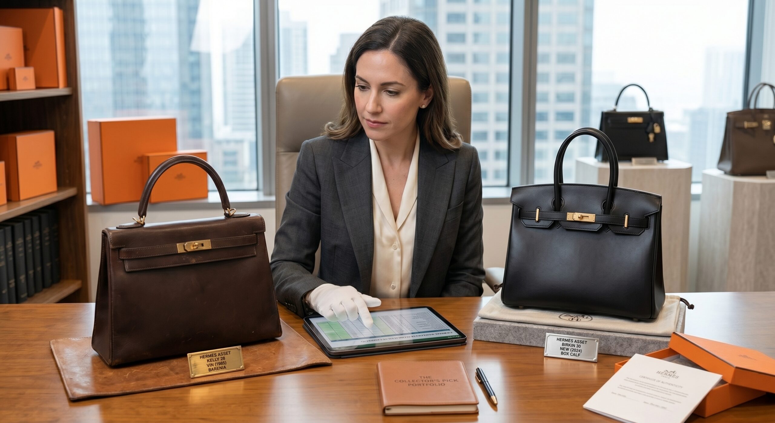 An investor reviewing a portfolio of Hermès assets, balancing vintage and new acquisitions