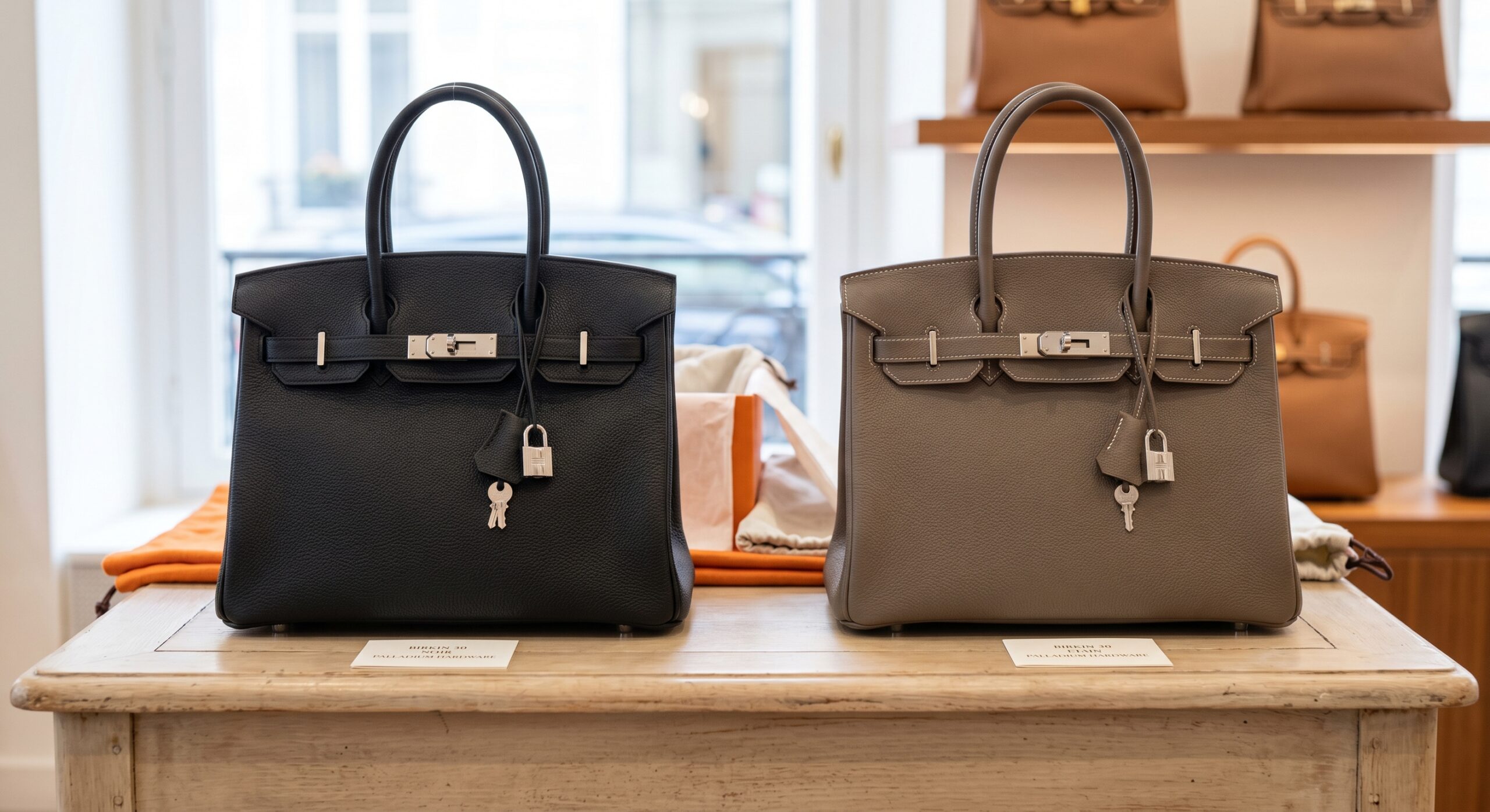A side-by-side comparison of Hermès Birkin bags in Noir and Etain