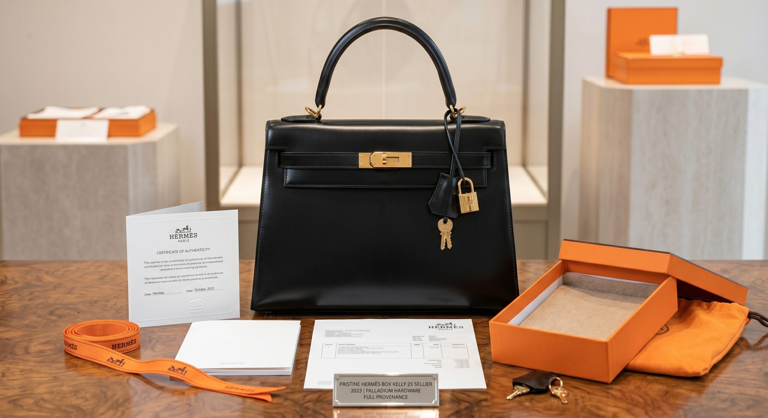 A pristine, new Hermès Box Kelly 25 Sellier displayed with its full modern provenance