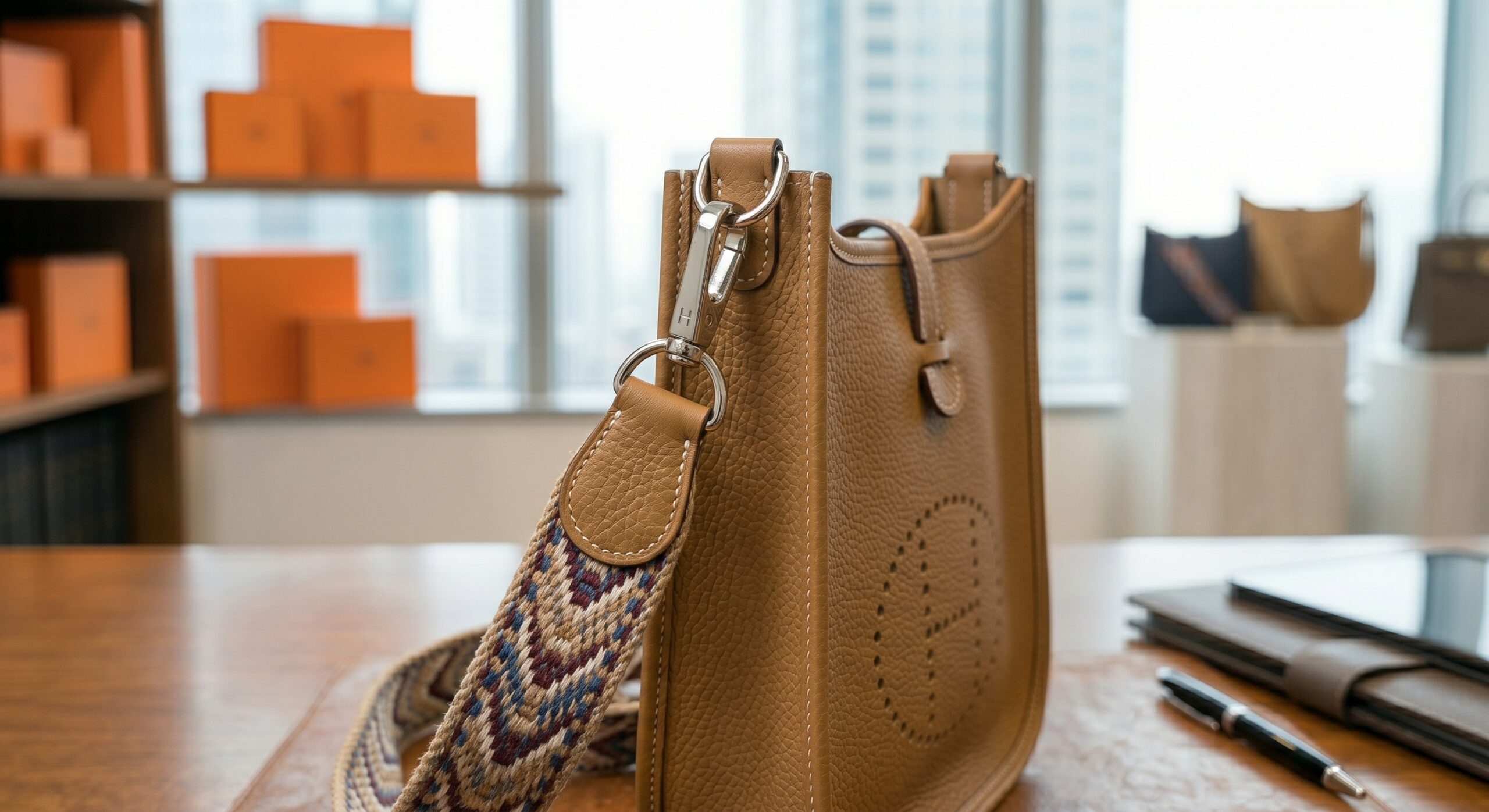A Hermès Evelyne TPM showing the canvas strap and hardware attachment points