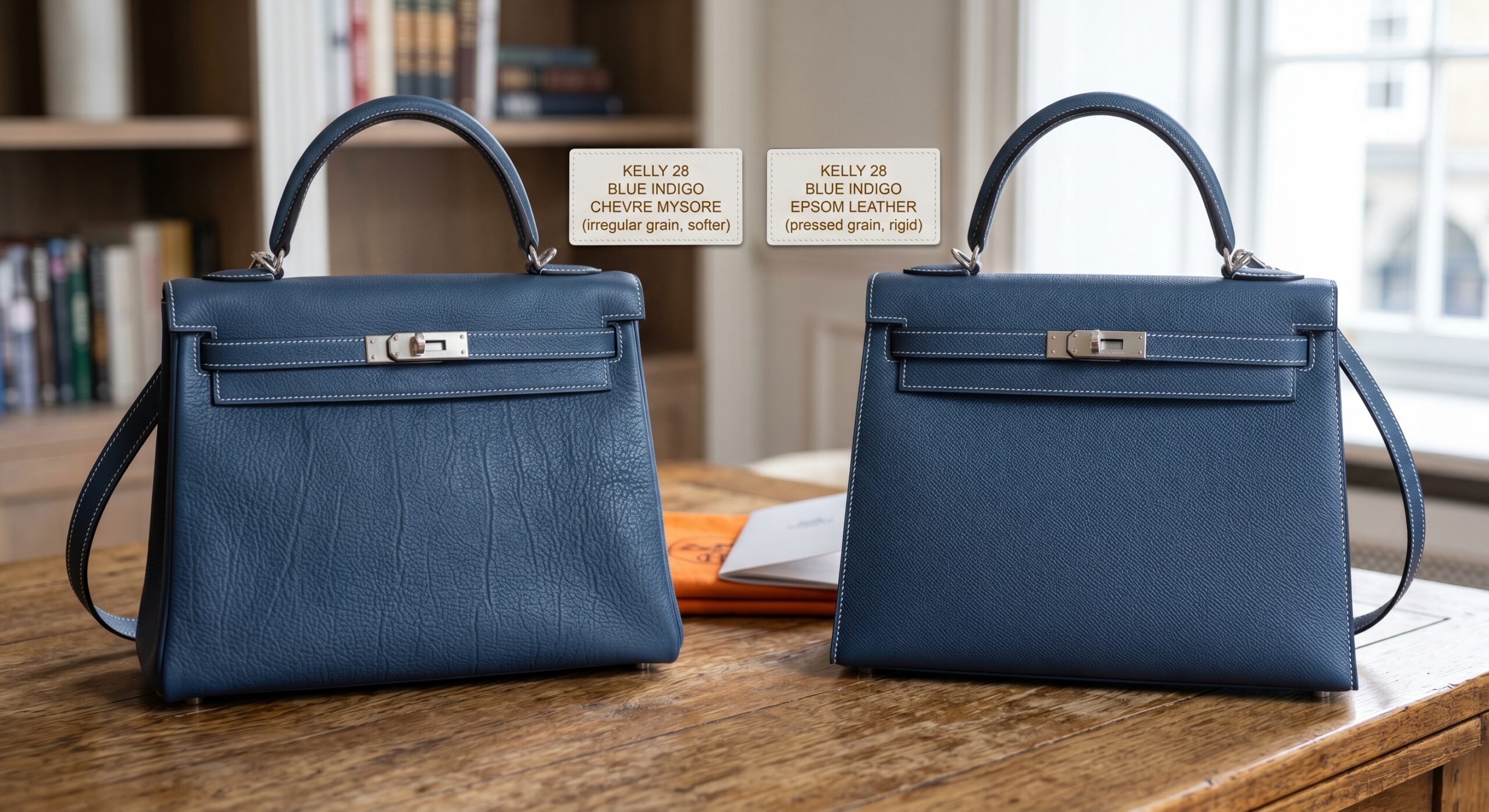 A Hermès Kelly in Chevre Mysore placed alongside a Kelly in Epsom leather for comparison