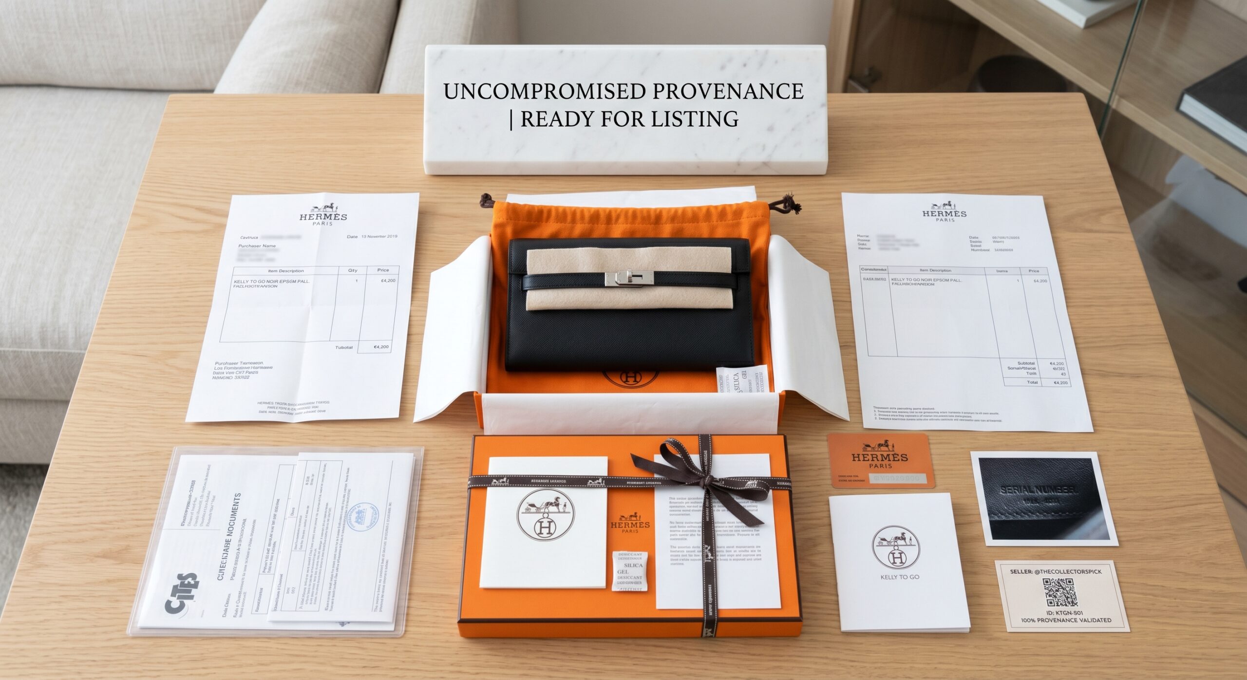 A perfectly packaged Kelly to Go with full provenance, ready for secondary market listing
