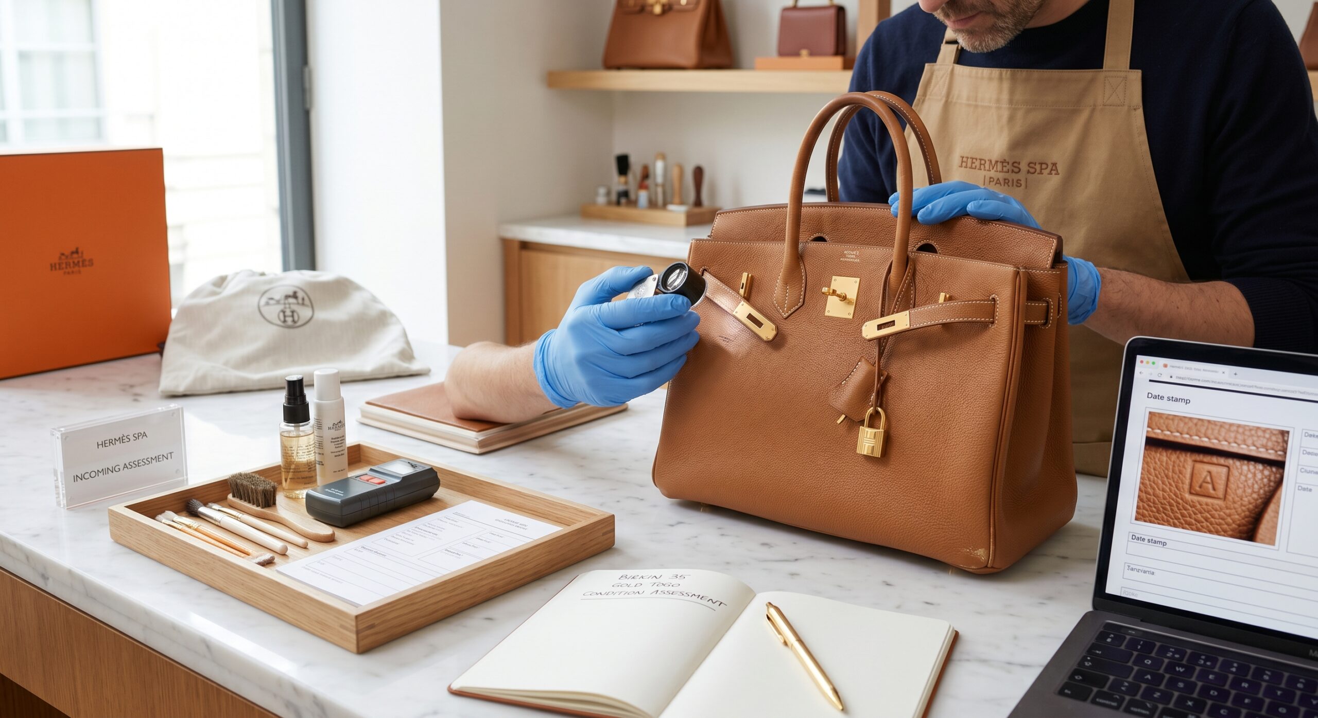 A Hermès Birkin undergoing inspection prior to a spa treatment