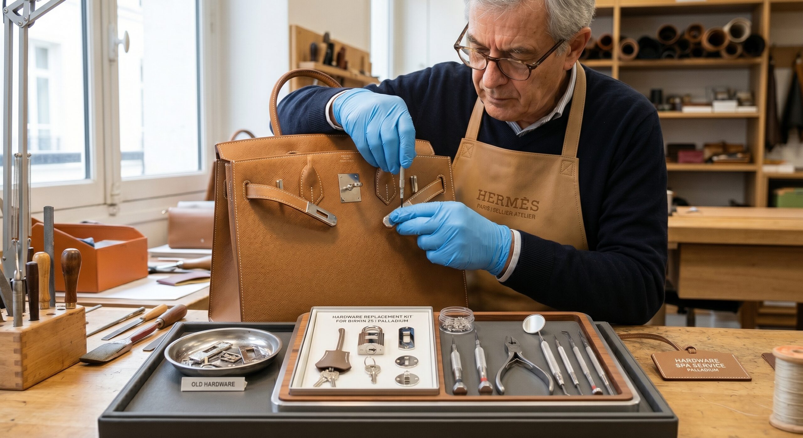 Hermès replacement hardware and specialized tools used during a spa service