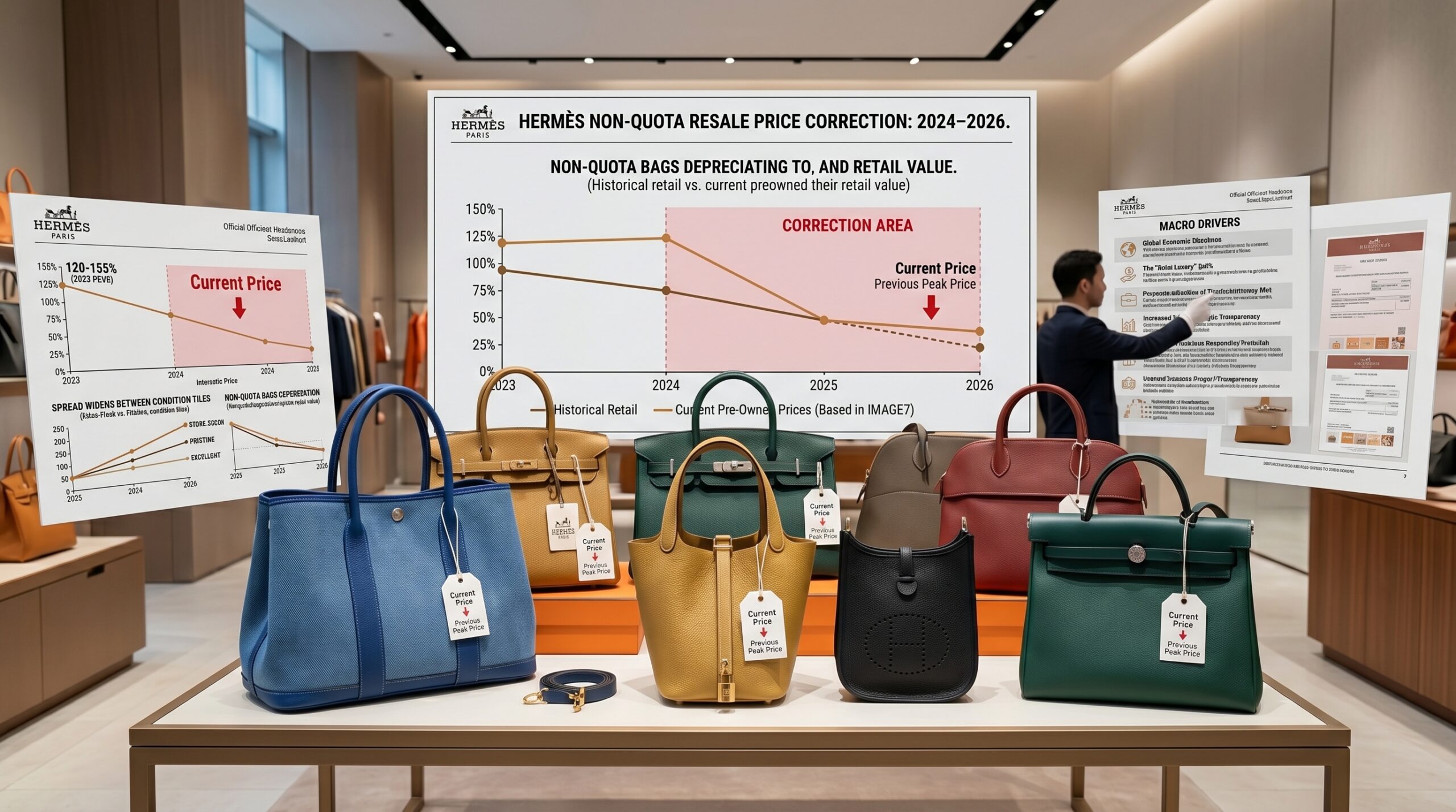 A collection of Hermès non-quota bags that have experienced a price correction