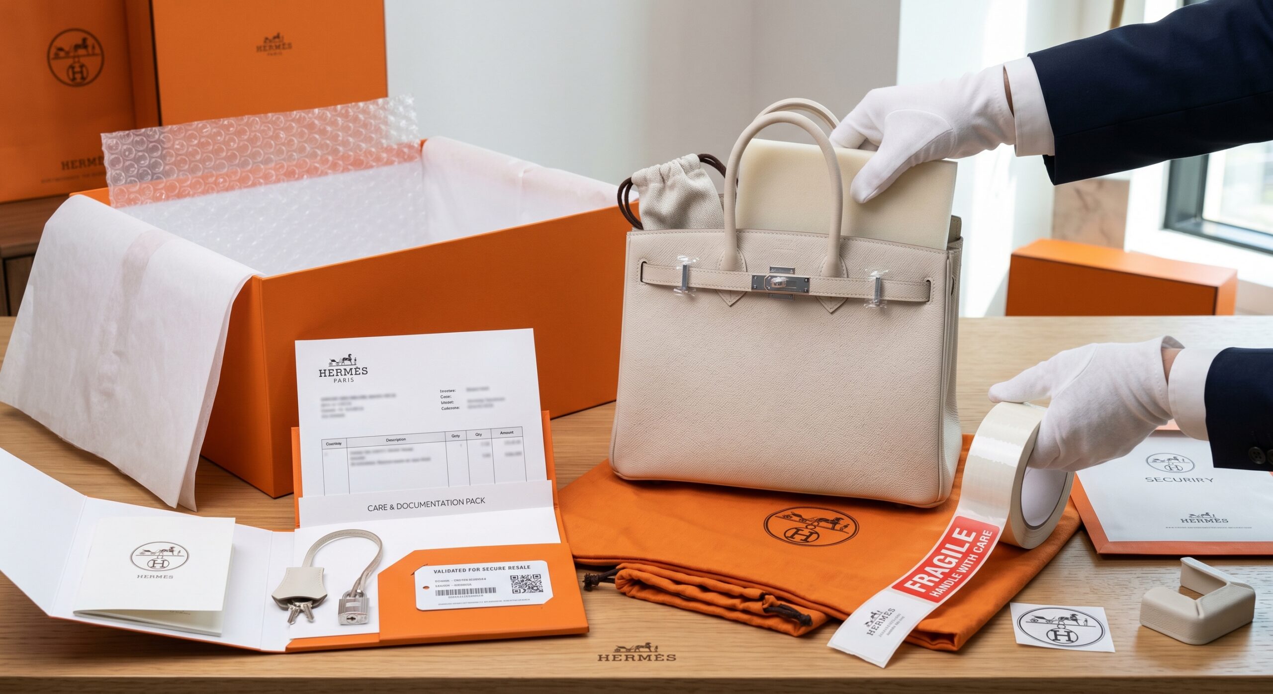 Carefully packing a pristine light neutral Hermès asset for secure resale