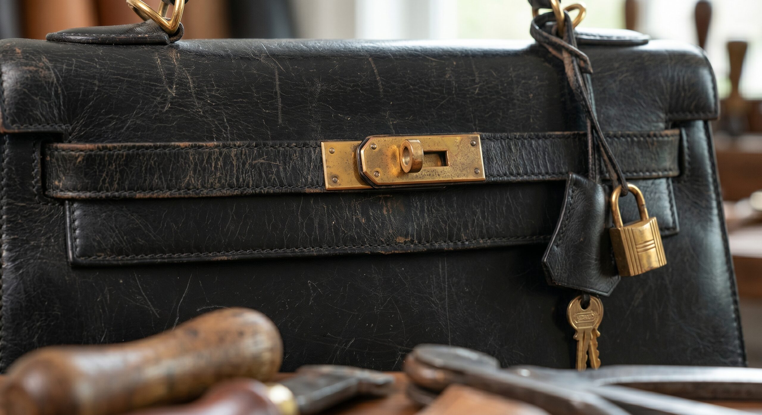 Detail showing the unique patina and flat brass hardware of a vintage Box Kelly
