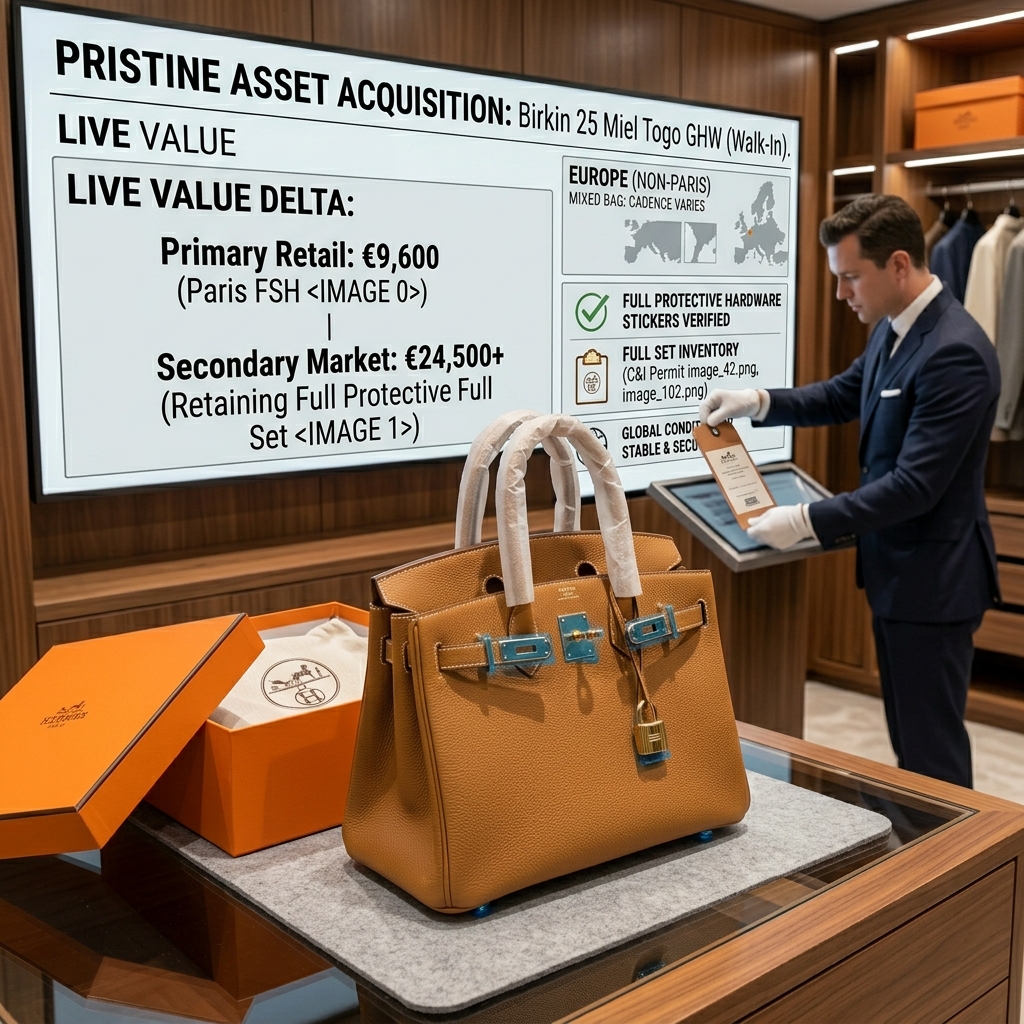 A pristine Birkin bag acquired via walk-in, retaining full protective hardware stickers