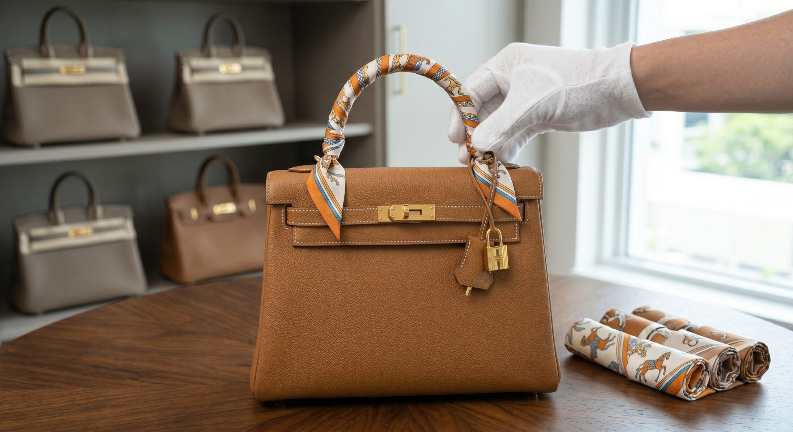 A perfectly color-matched Twilly securing the handle of a Kelly 25 Sellier