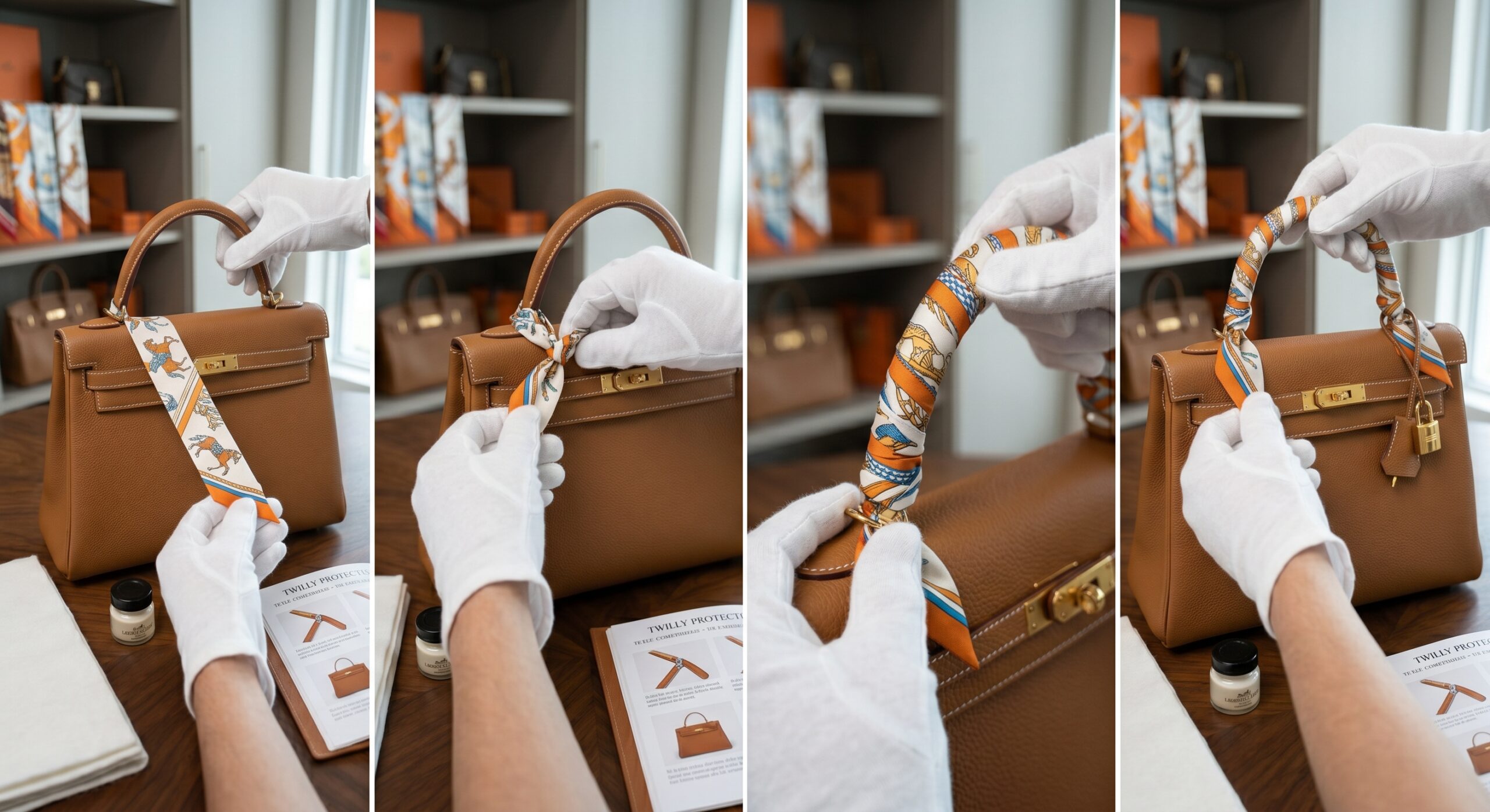 A step-by-step view of tightly wrapping a Twilly around an Hermès Kelly handle