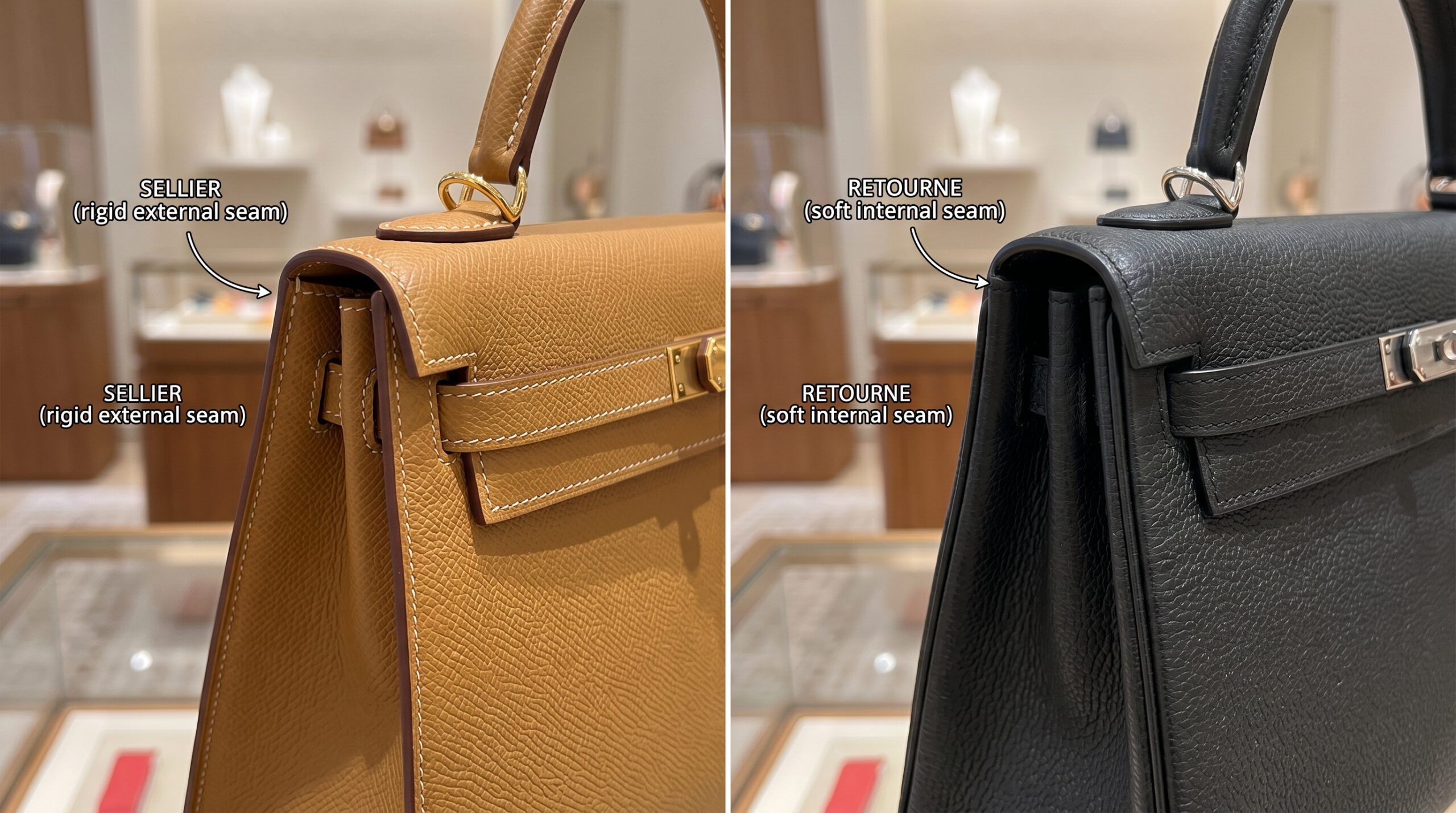 Detail comparison of Hermès Kelly Sellier and Retourne edges