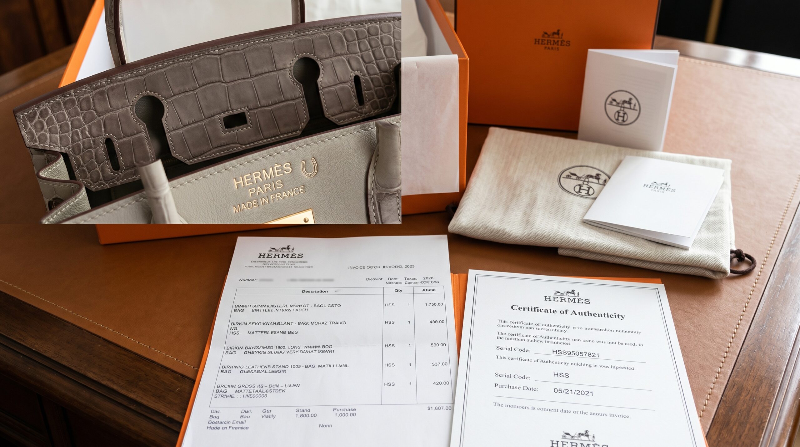 Detail showing Hermès documentation, provenance, and the HSS Horseshoe stamp