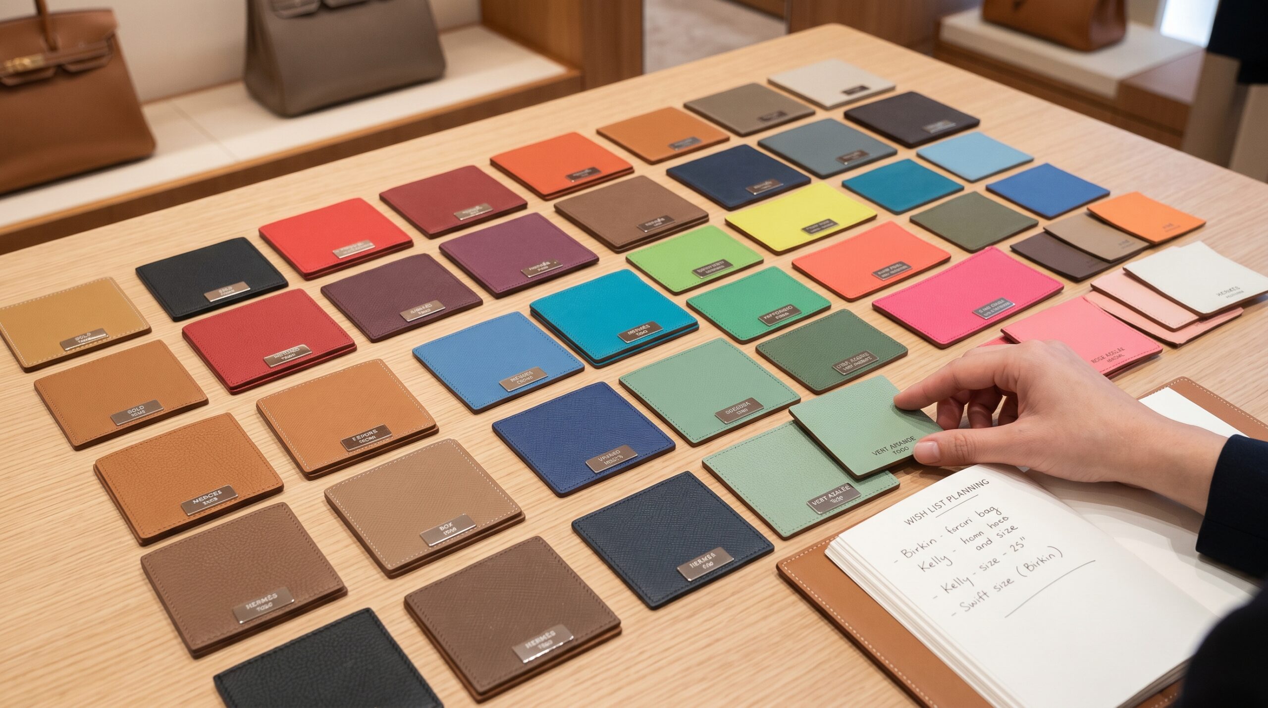 A curated selection of Hermès leather swatches used for wish list planning