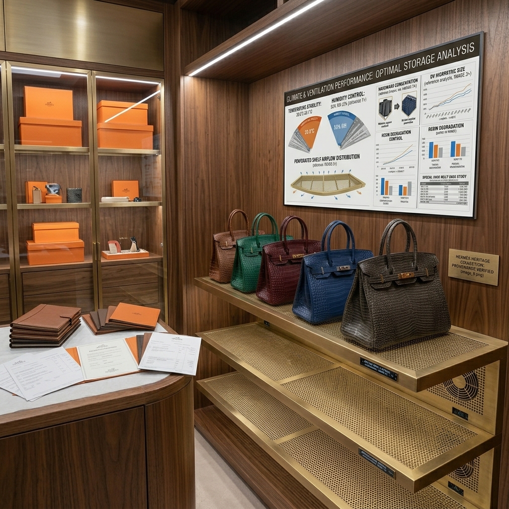 A climate-controlled luxury closet with properly ventilated shelving for Hermès bags