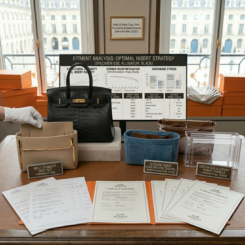 Testing various bag inserts inside a pristine Hermès Birkin 30