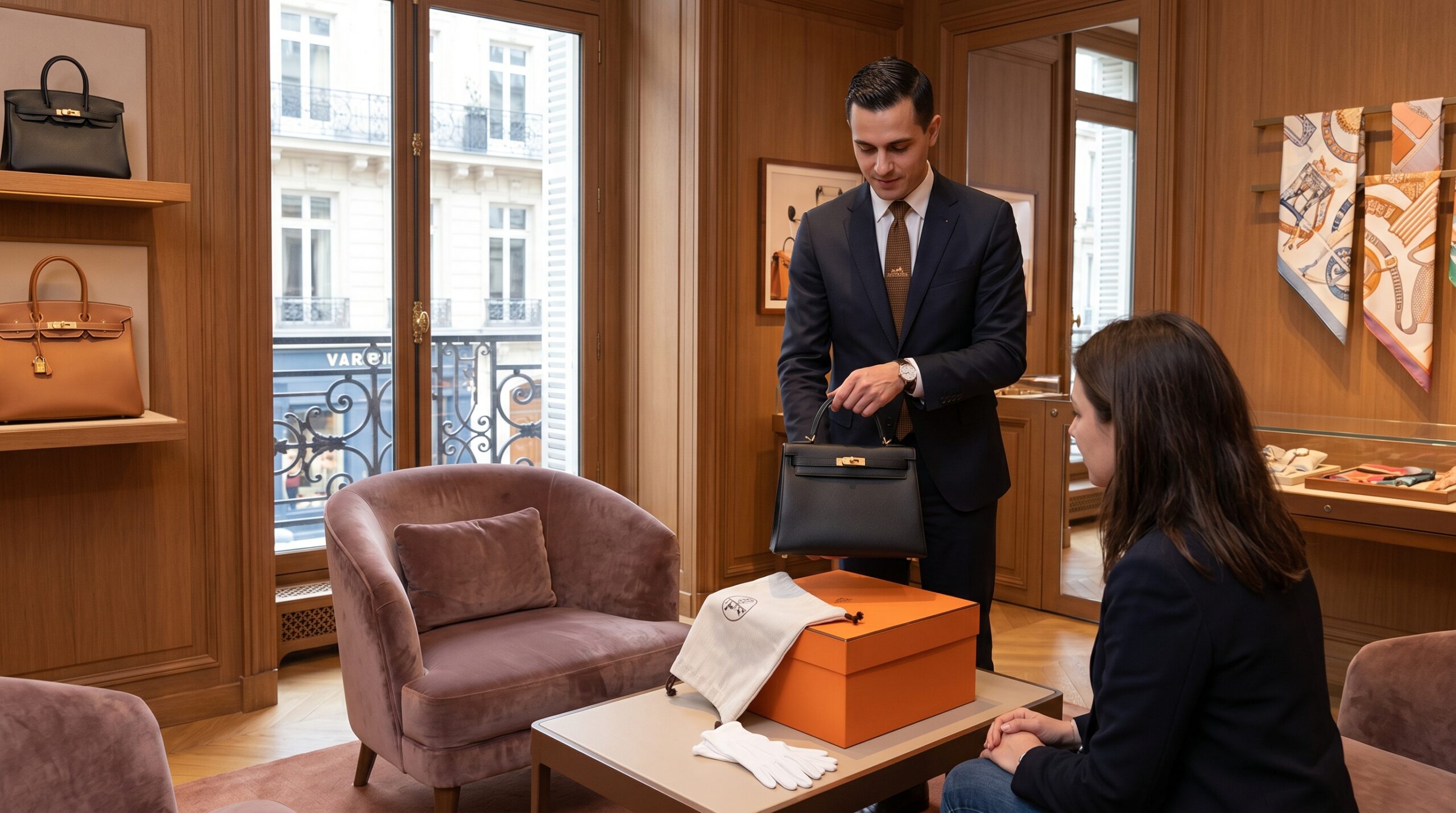 A Hermès Sales Associate presenting a quota bag in a private Paris boutique room