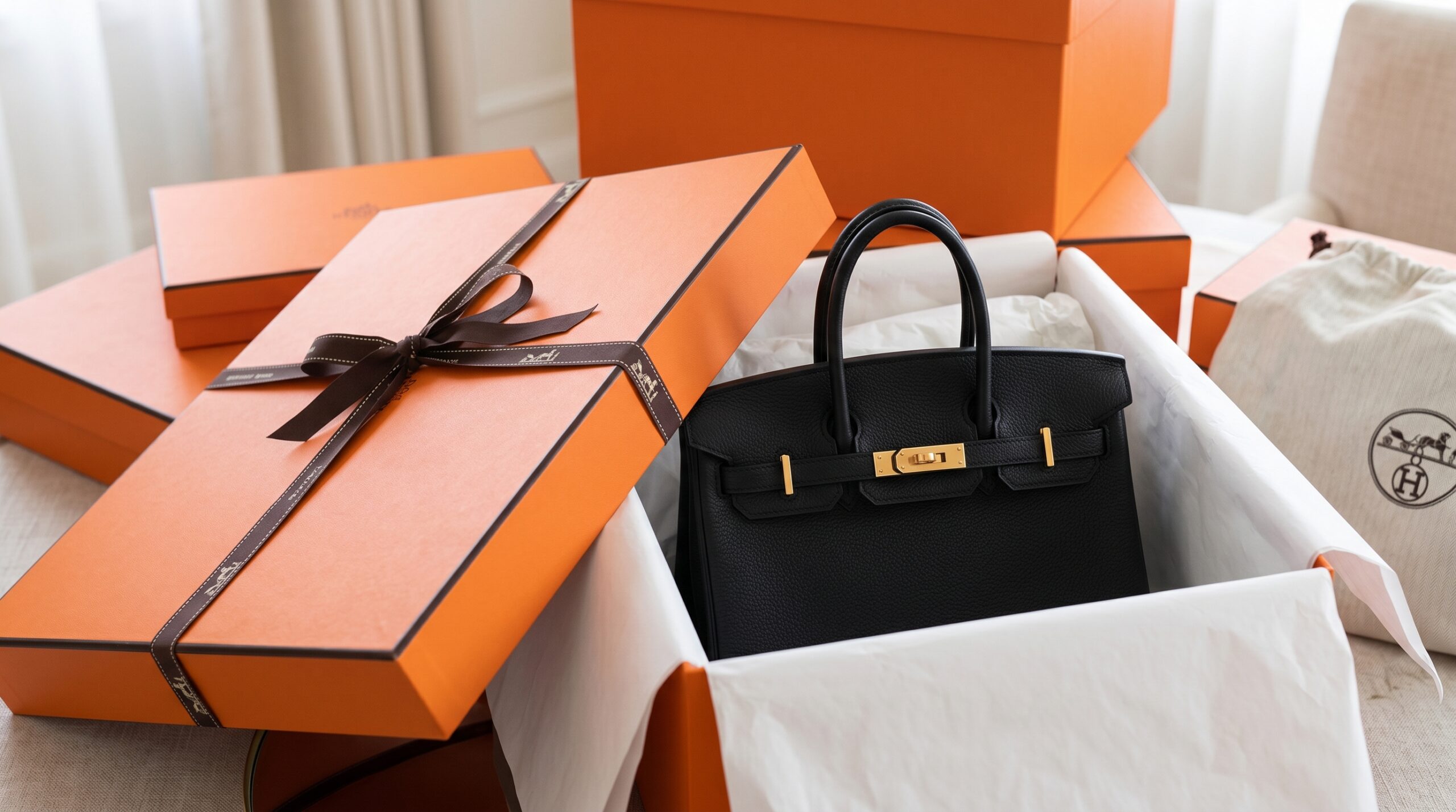 A Hermès Birkin bag presented in its iconic orange box