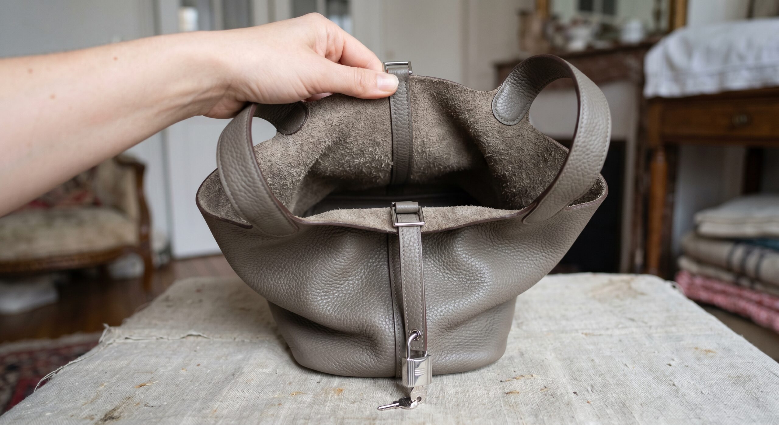A Hermès Picotin 18 demonstrating its vulnerable, unlined Clemence leather structure
