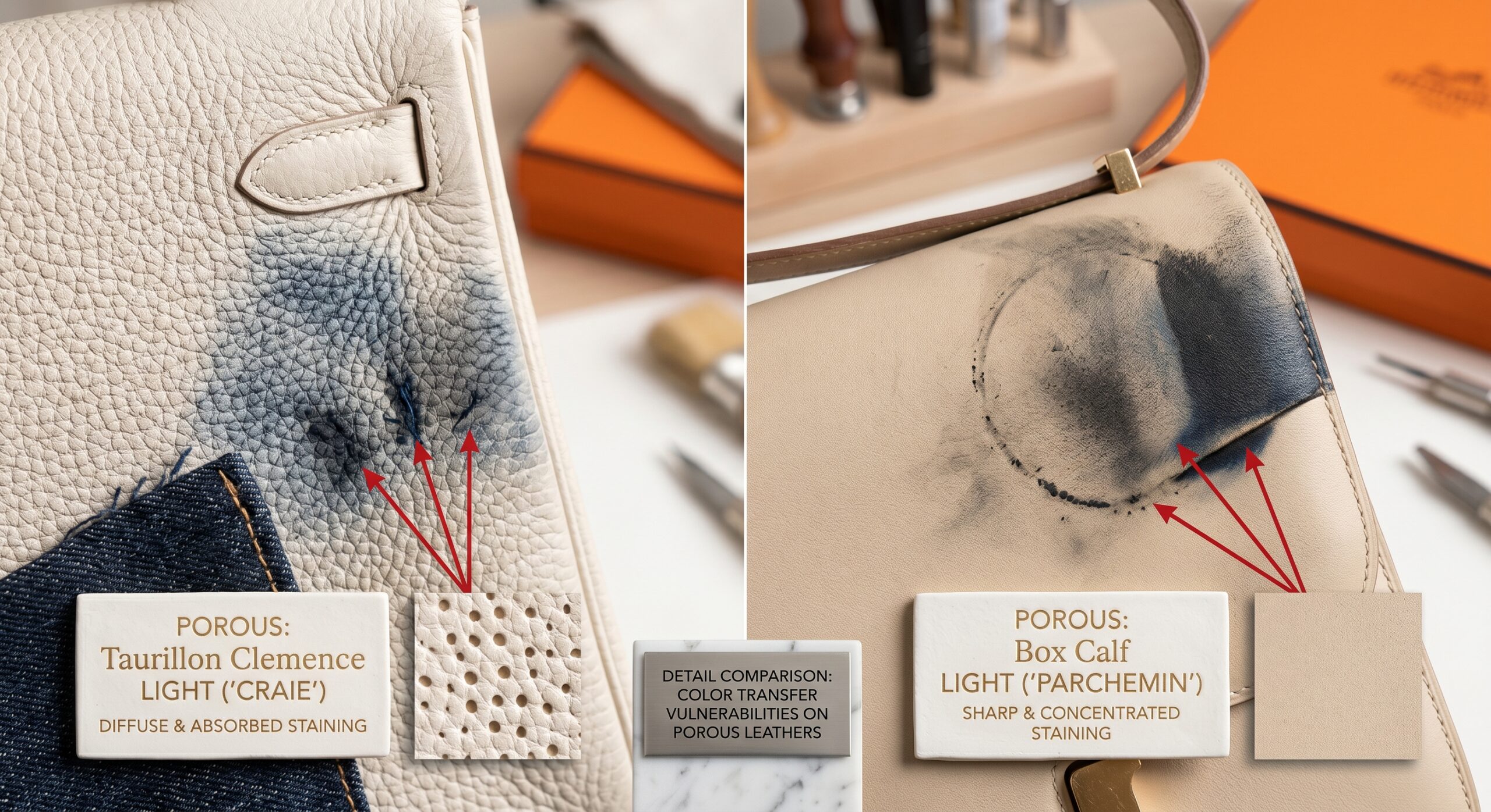 Detail comparison showing color transfer vulnerabilities on porous Hermès leathers