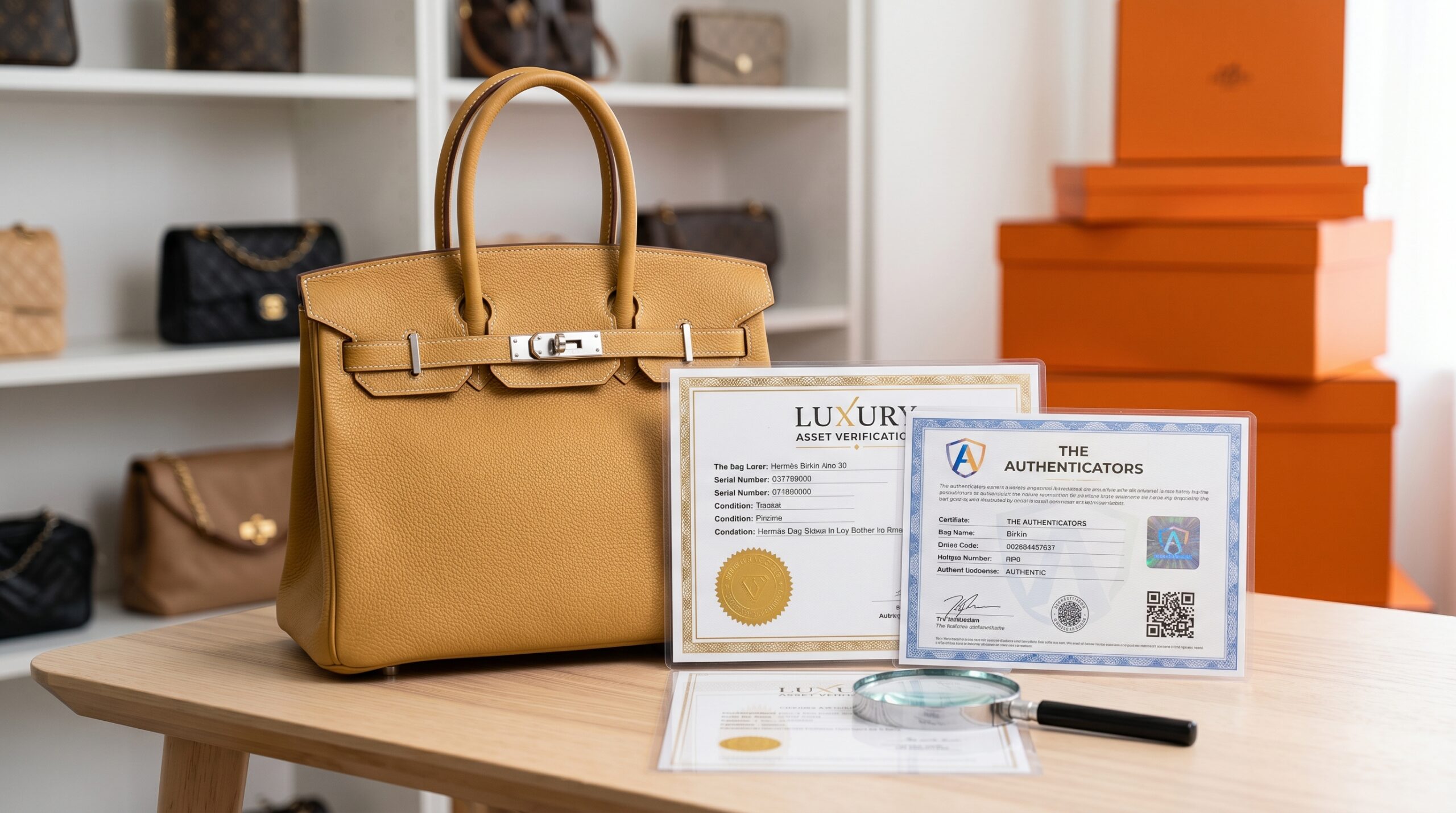 A Hermès Birkin bag alongside third-party authentication certificates